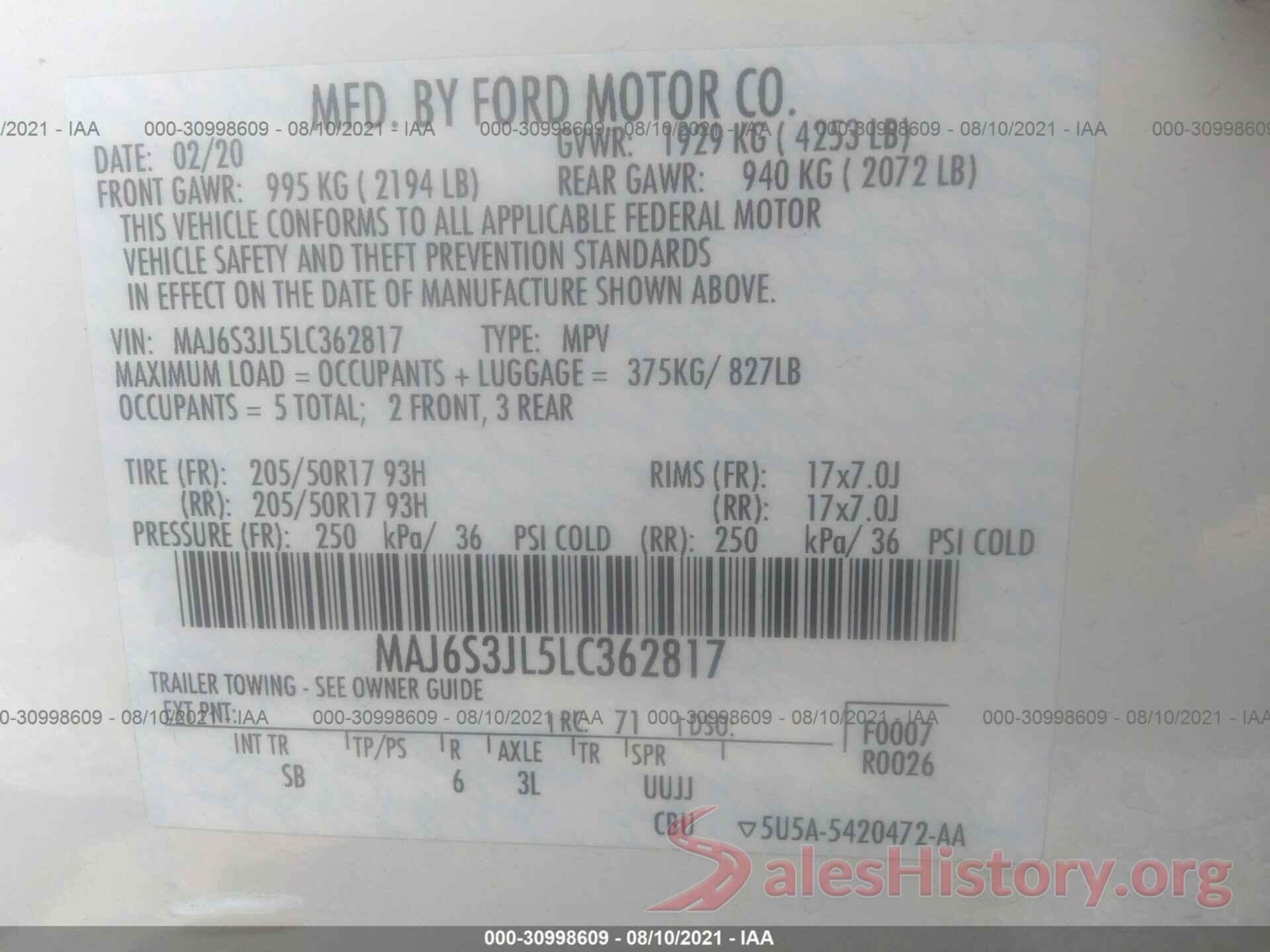 MAJ6S3JL5LC362817 2020 FORD ECOSPORT