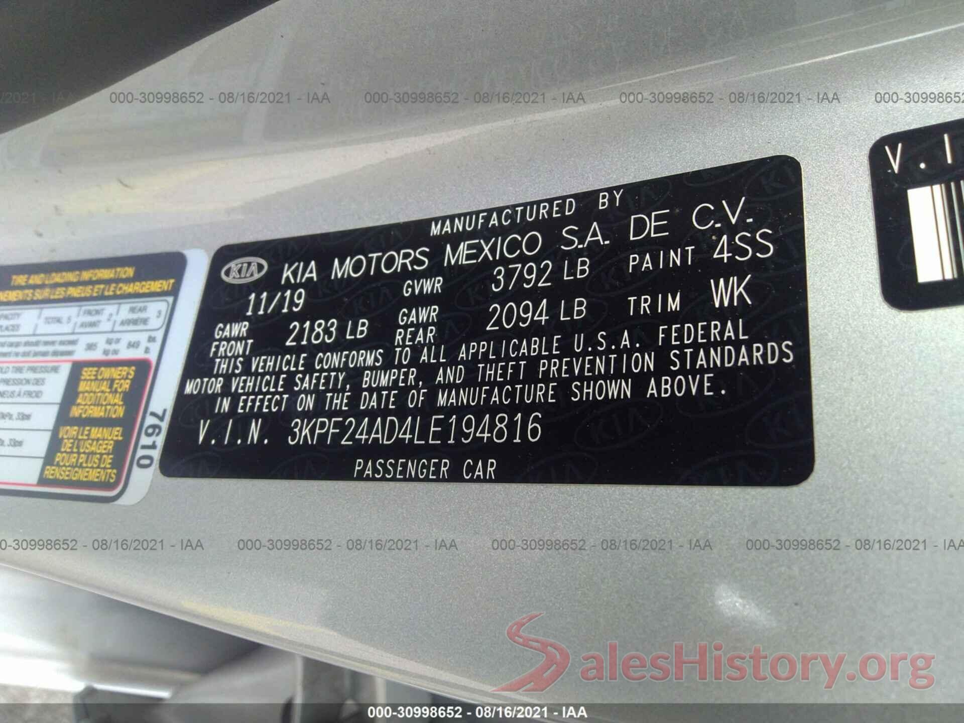 3KPF24AD4LE194816 2020 KIA FORTE