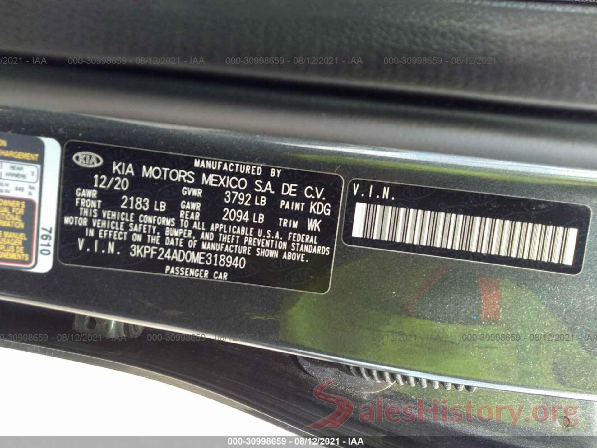 3KPF24AD0ME318940 2021 KIA FORTE