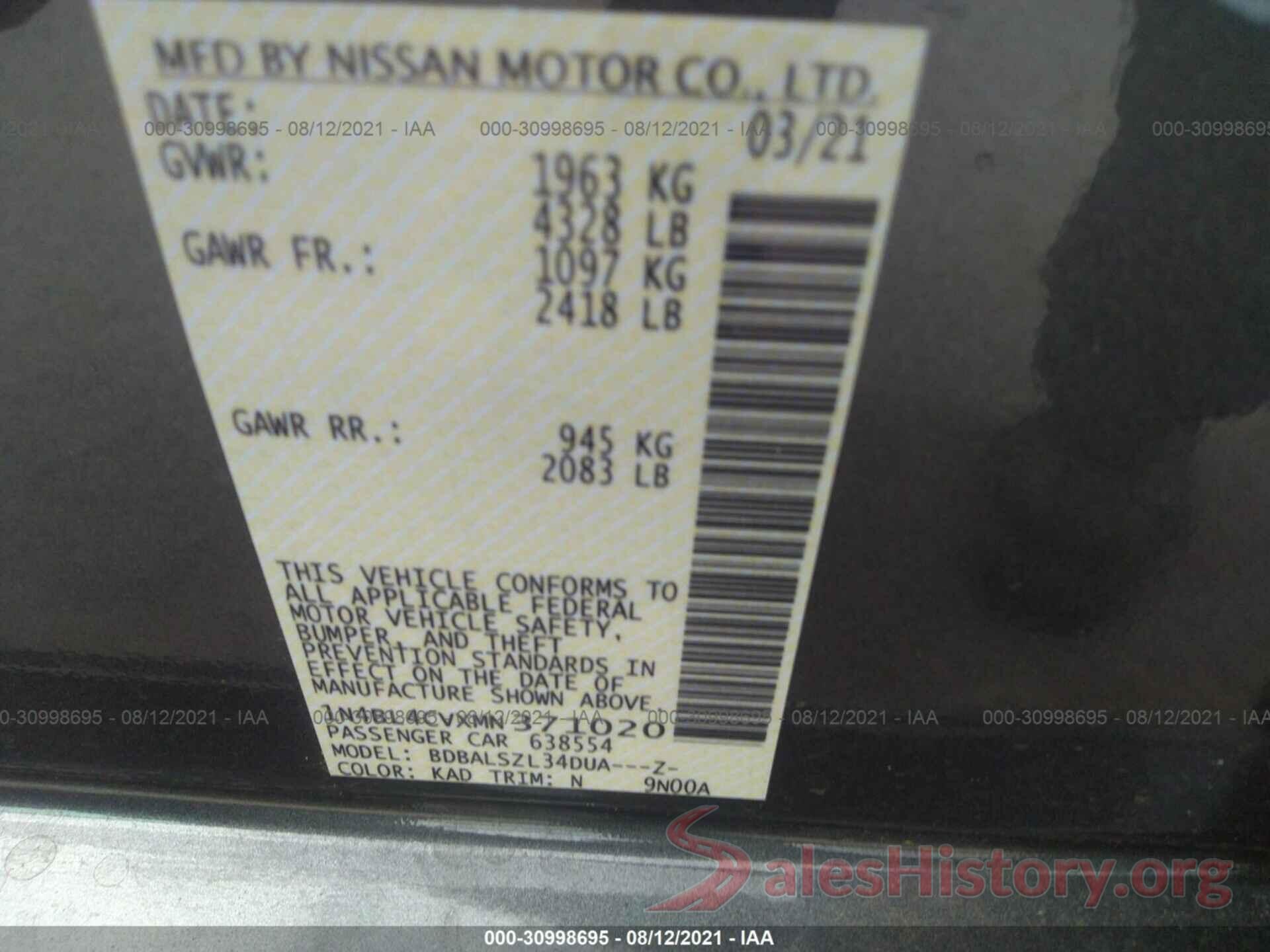 1N4BL4CVXMN371020 2021 NISSAN ALTIMA