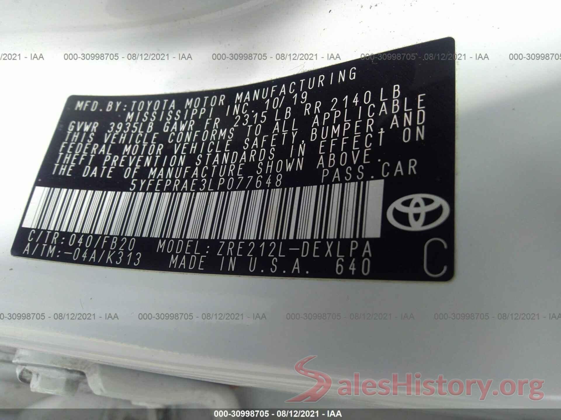 5YFEPRAE3LP077648 2020 TOYOTA COROLLA