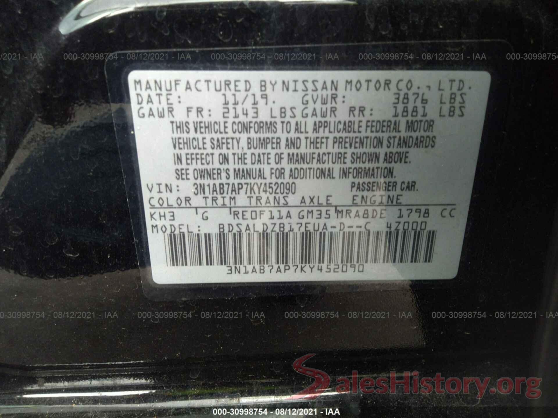 3N1AB7AP7KY452090 2019 NISSAN SENTRA