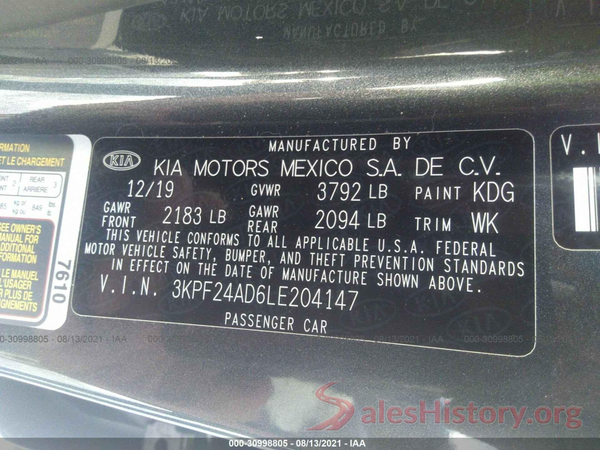 3KPF24AD6LE204147 2020 KIA FORTE