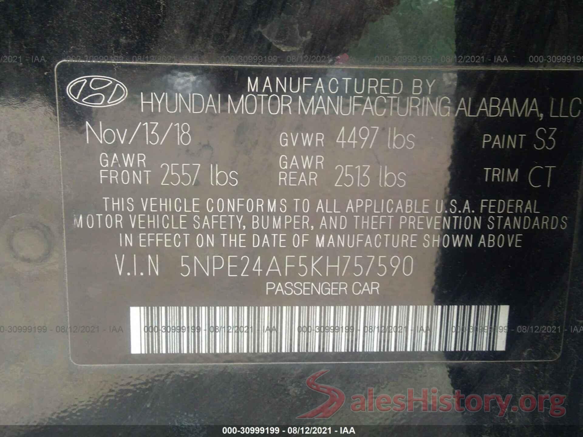 5NPE24AF5KH757590 2019 HYUNDAI SONATA