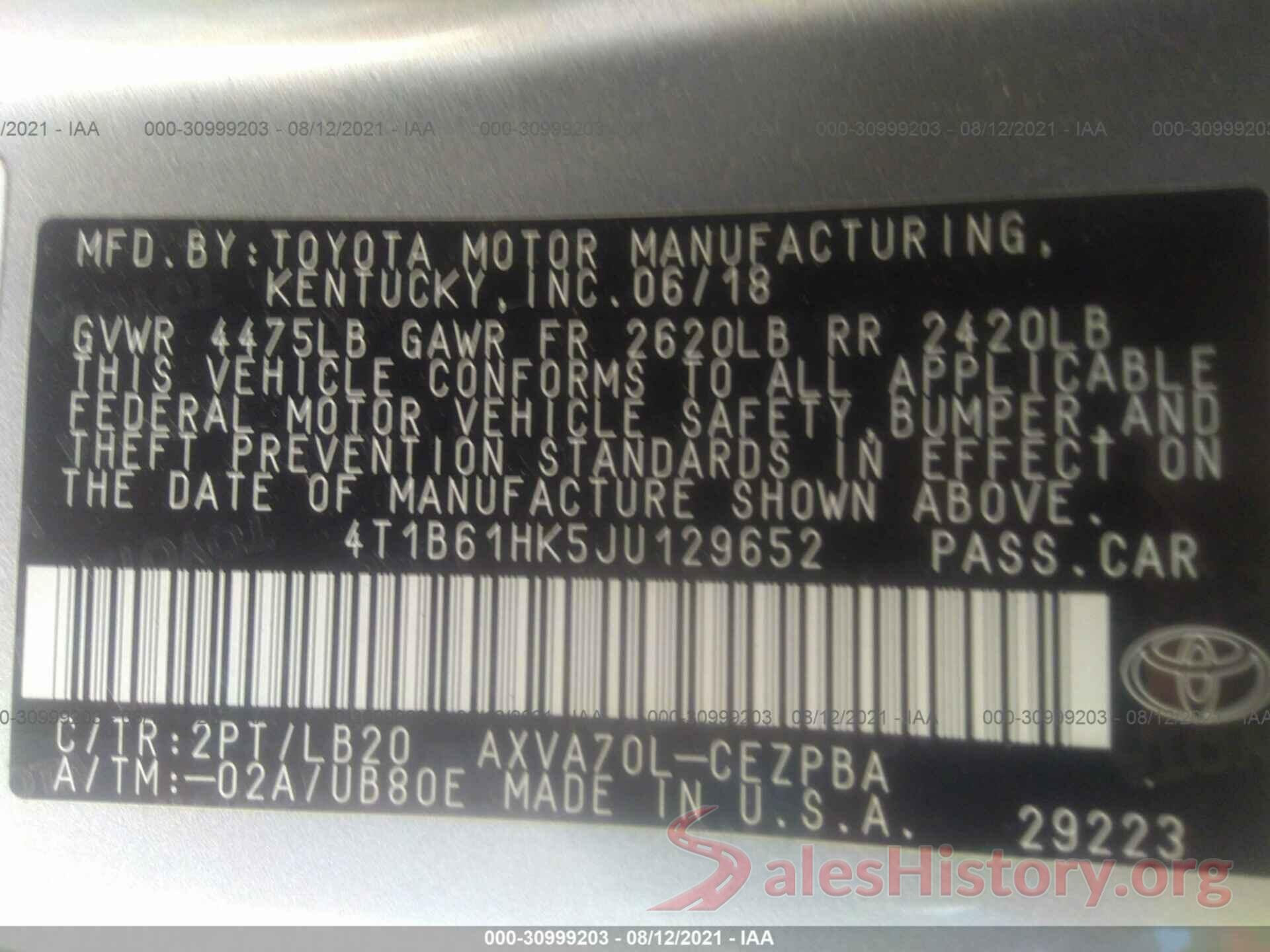 4T1B61HK5JU129652 2018 TOYOTA CAMRY