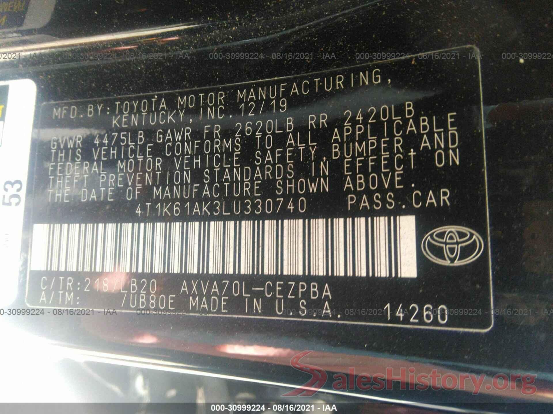 4T1K61AK3LU330740 2020 TOYOTA CAMRY