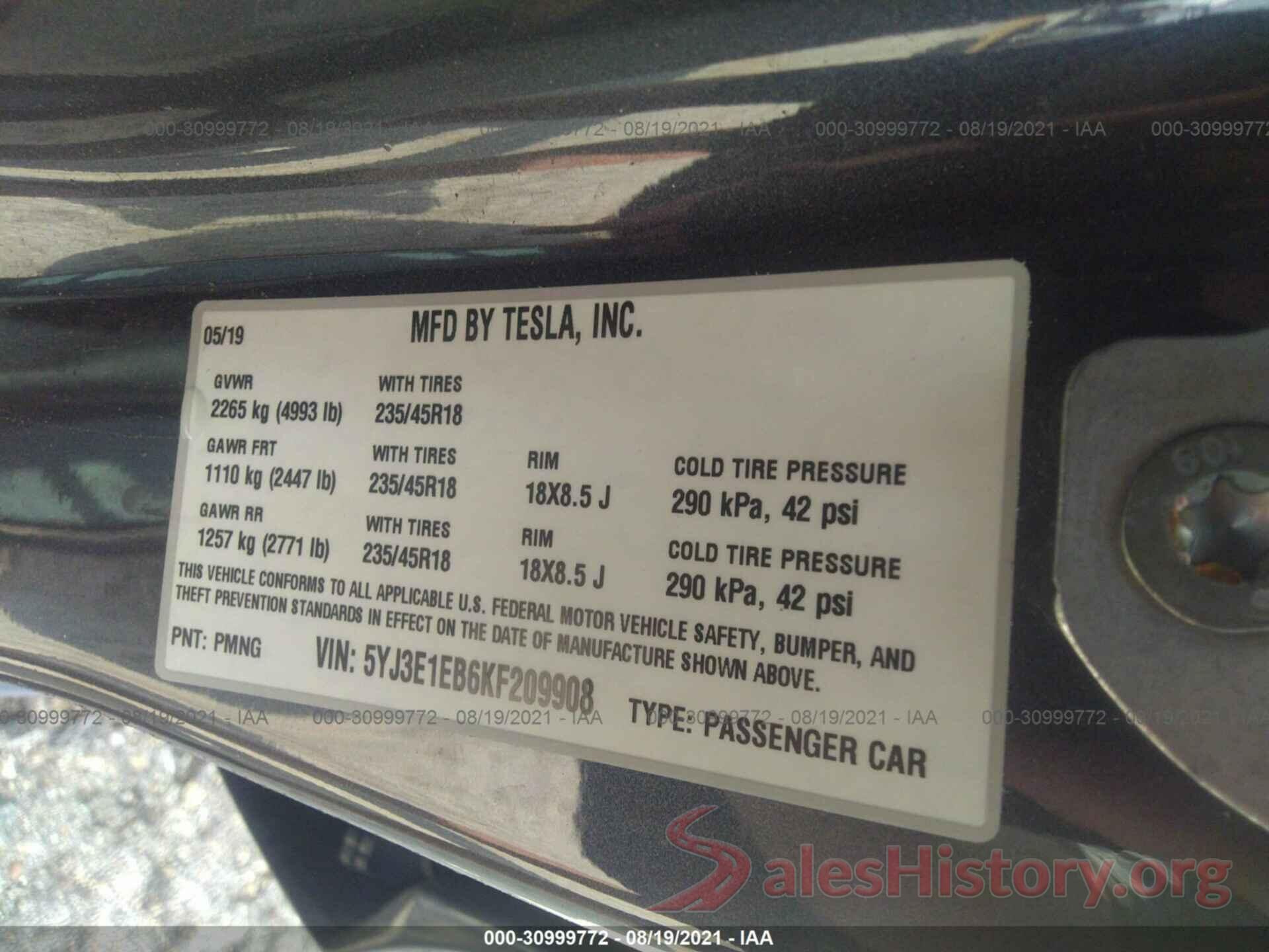 5YJ3E1EB6KF209908 2019 TESLA MODEL 3