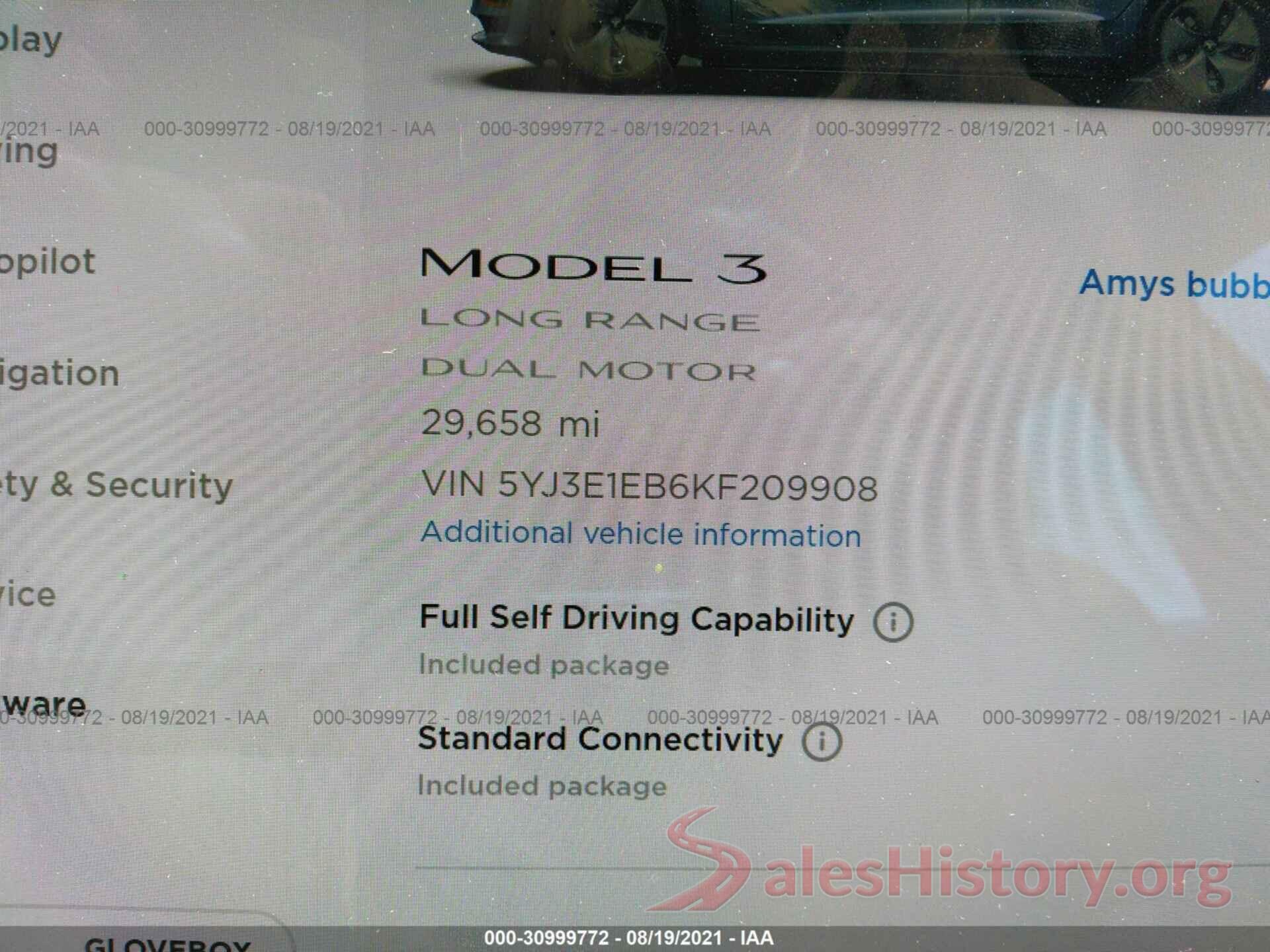 5YJ3E1EB6KF209908 2019 TESLA MODEL 3