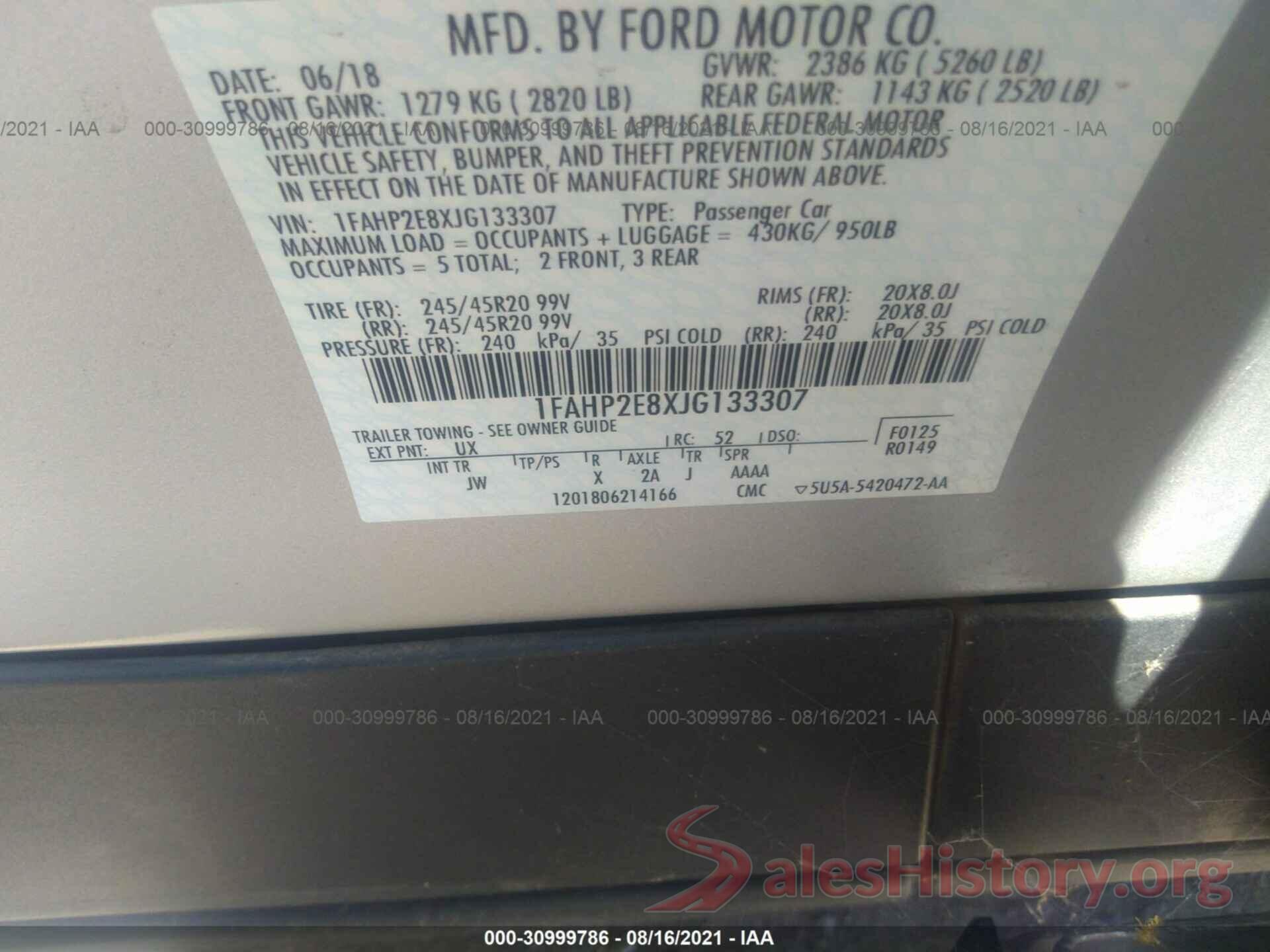 1FAHP2E8XJG133307 2018 FORD TAURUS