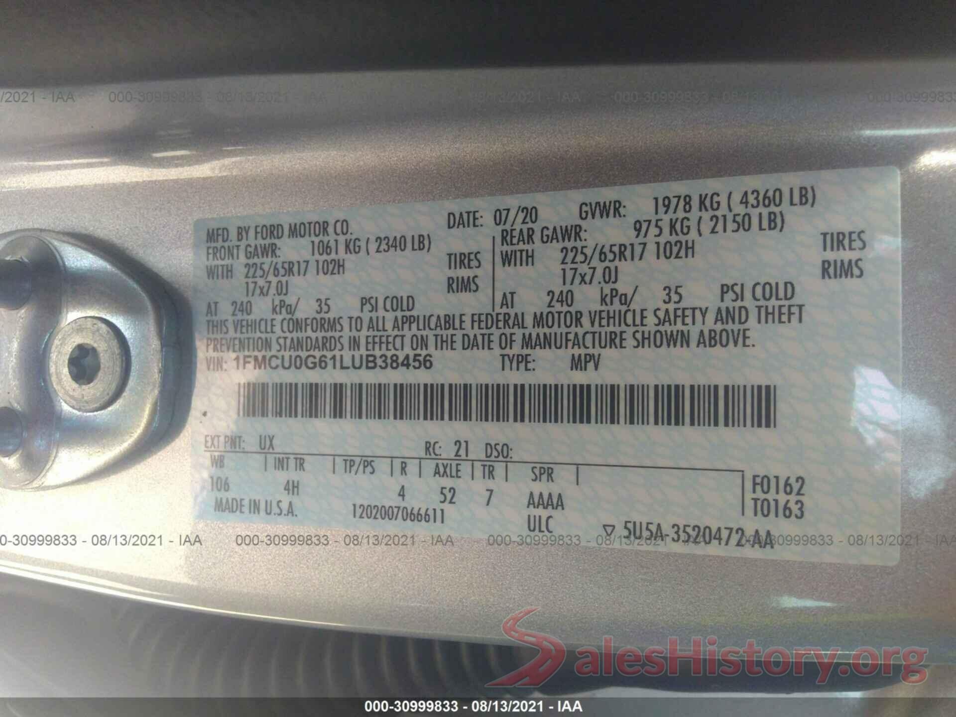 1FMCU0G61LUB38456 2020 FORD ESCAPE