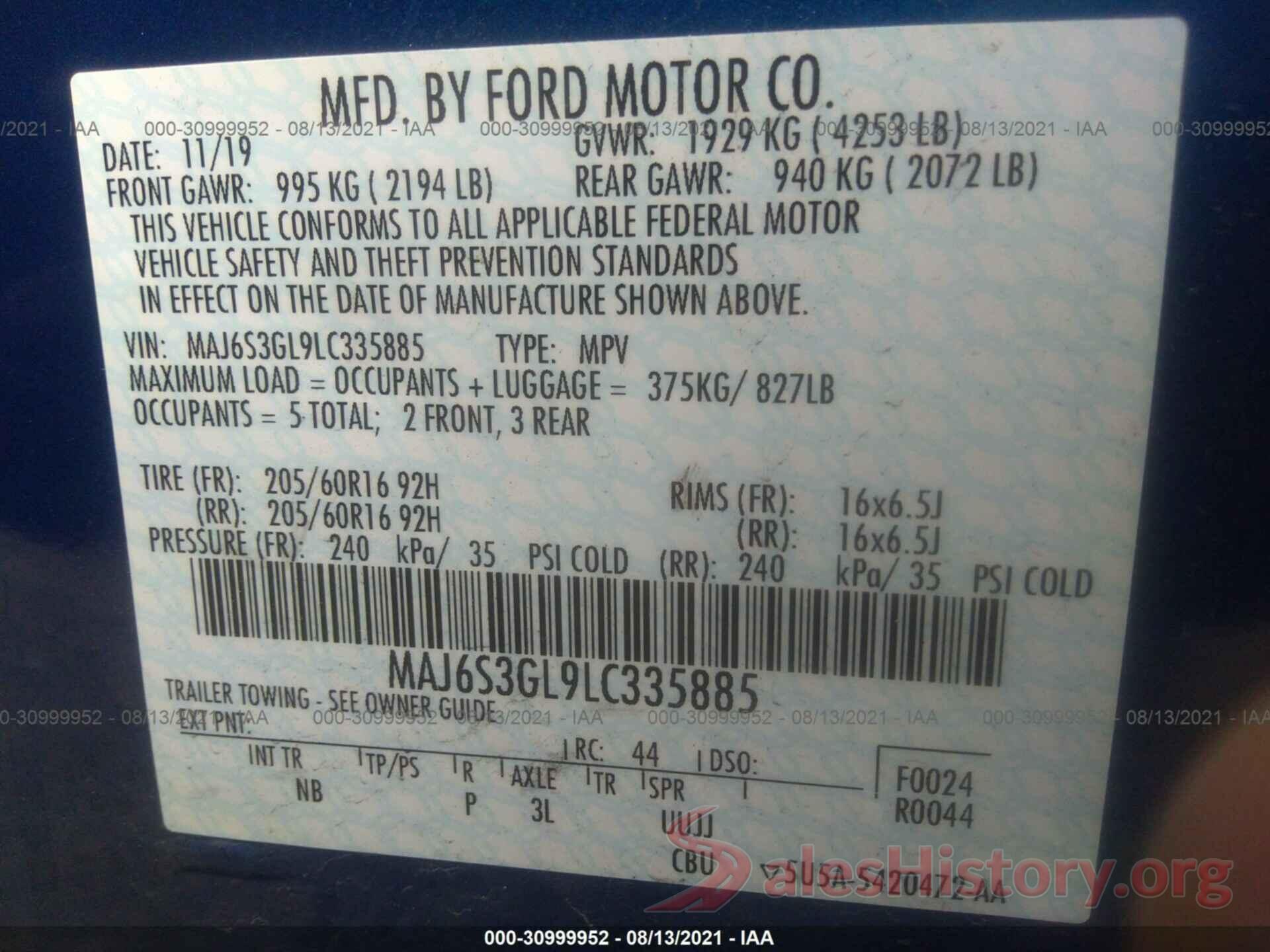 MAJ6S3GL9LC335885 2020 FORD ECOSPORT