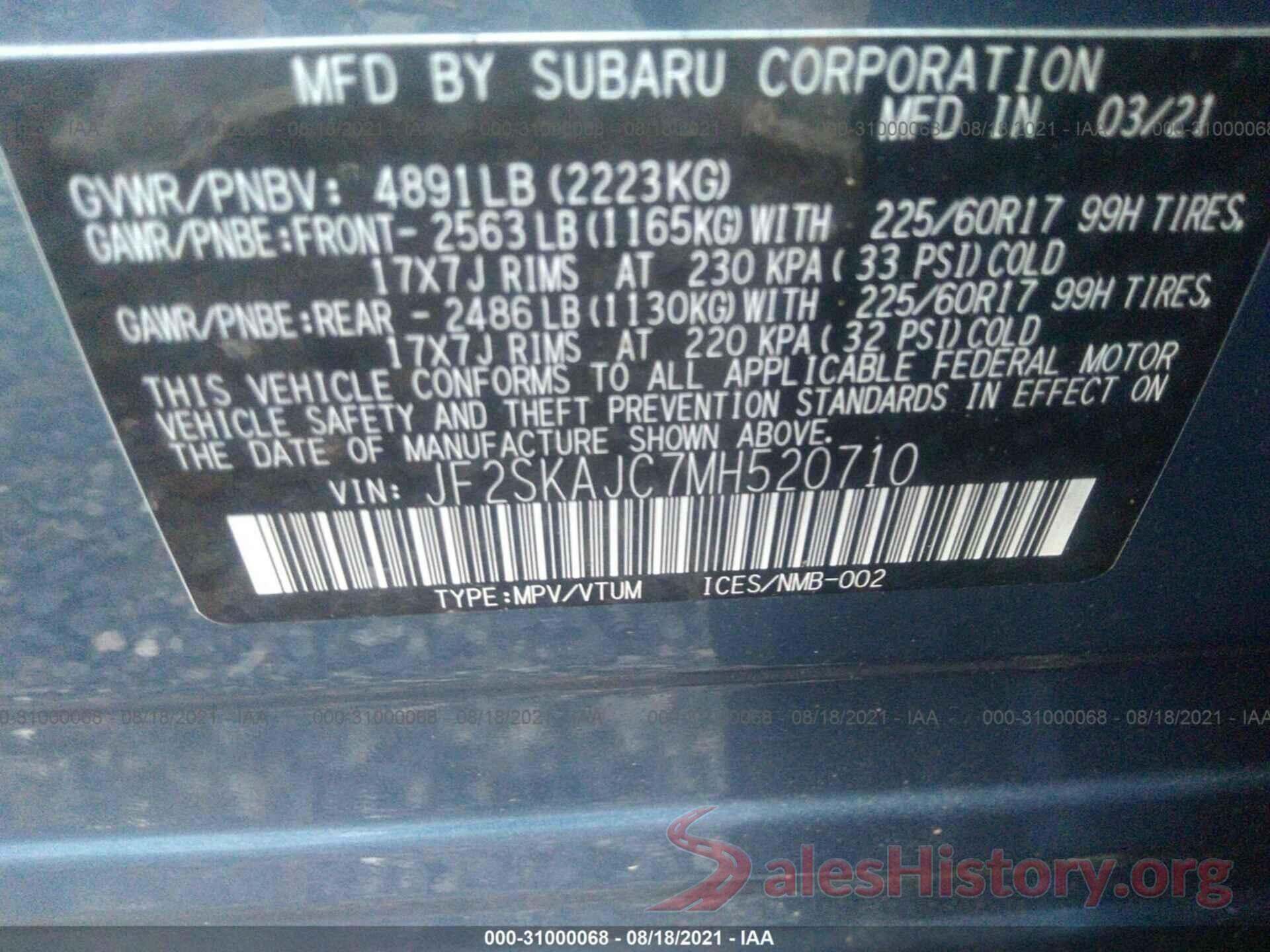 JF2SKAJC7MH520710 2021 SUBARU FORESTER