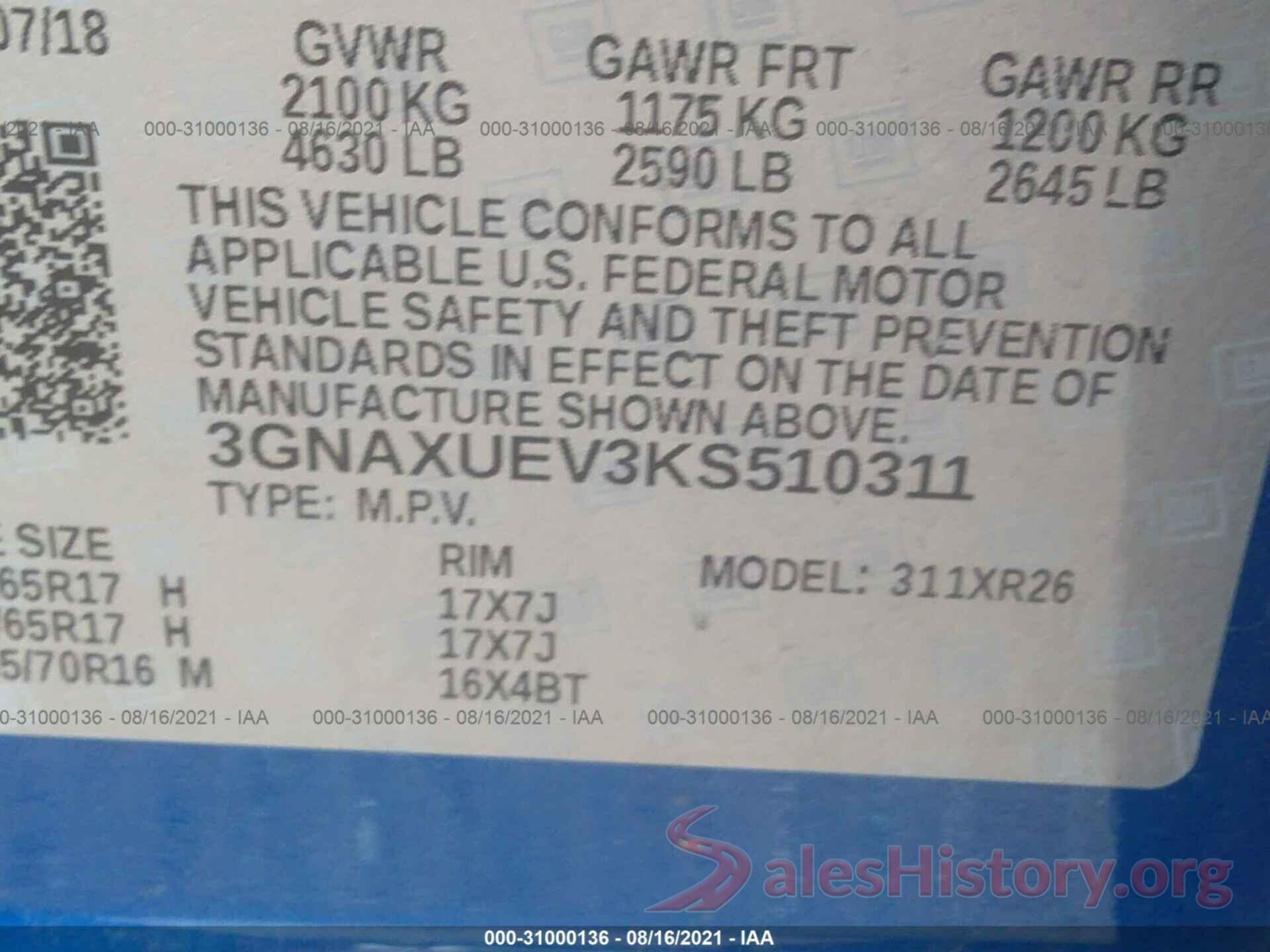 3GNAXUEV3KS510311 2019 CHEVROLET EQUINOX