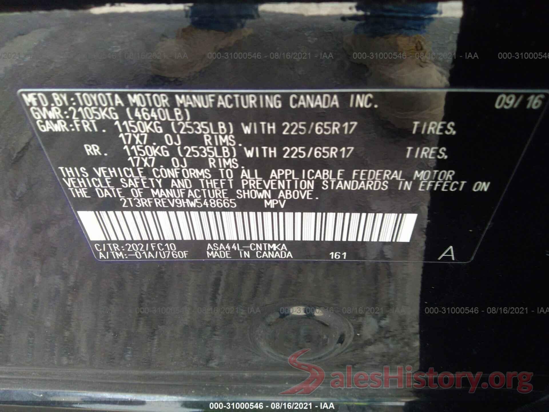 2T3RFREV9HW548665 2017 TOYOTA RAV4