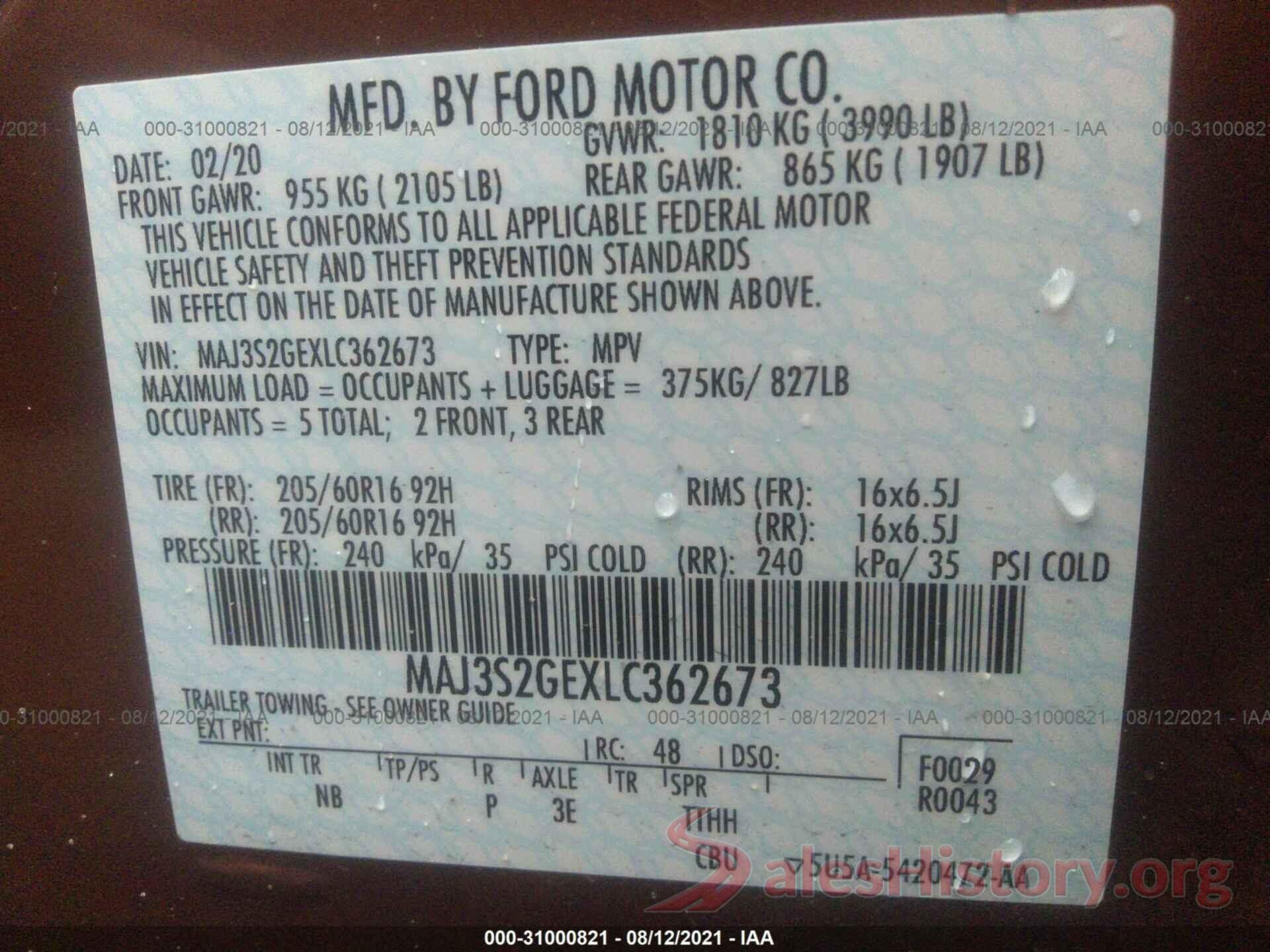 MAJ3S2GEXLC362673 2020 FORD ECOSPORT