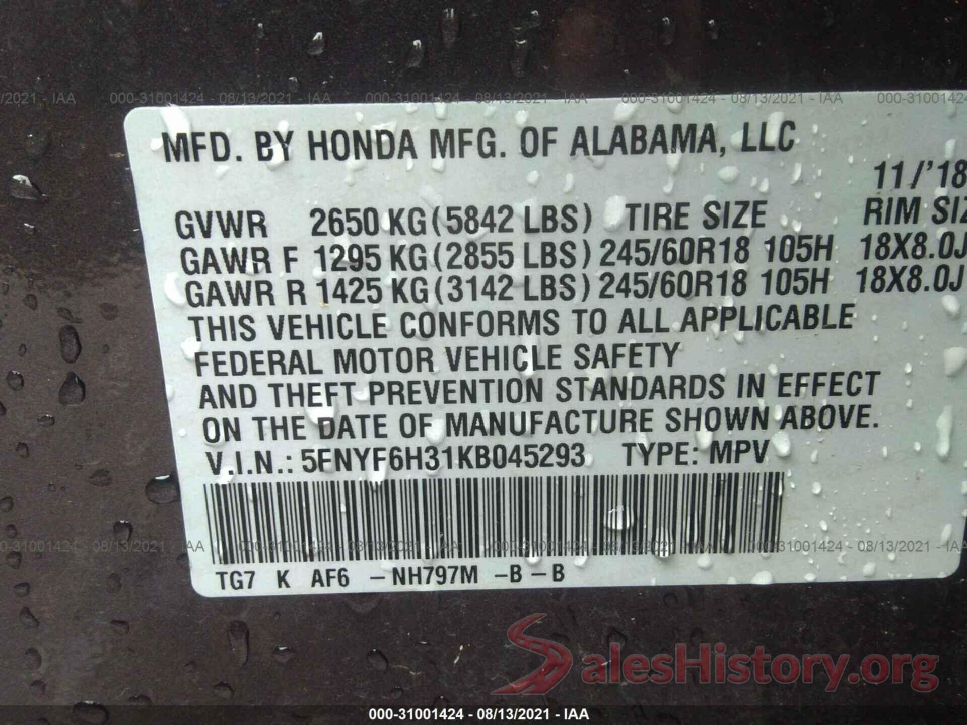 5FNYF6H31KB045293 2019 HONDA PILOT