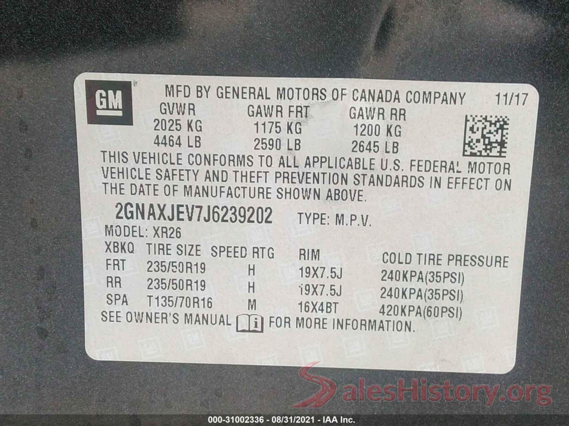 2GNAXJEV7J6239202 2018 CHEVROLET EQUINOX