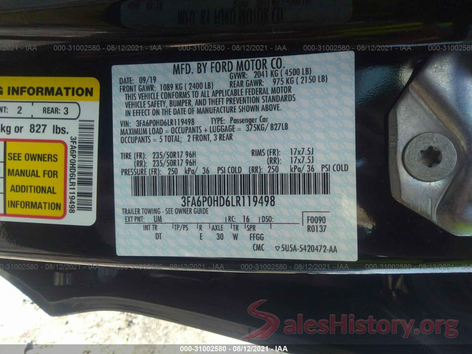 3FA6P0HD6LR119498 2020 FORD FUSION