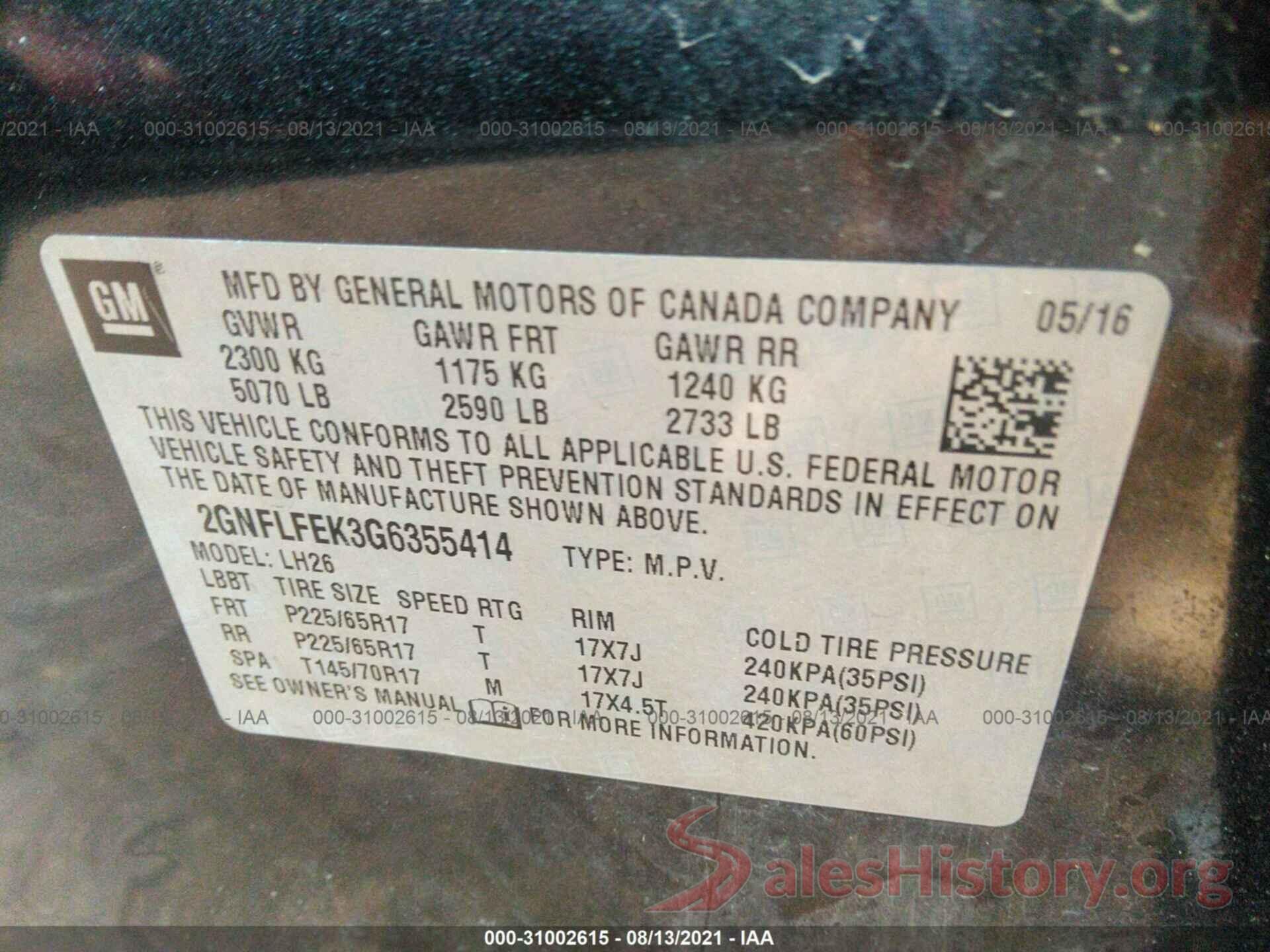 2GNFLFEK3G6355414 2016 CHEVROLET EQUINOX