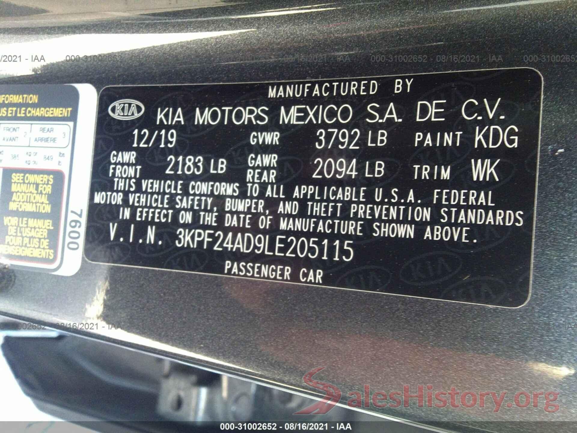 3KPF24AD9LE205115 2020 KIA FORTE