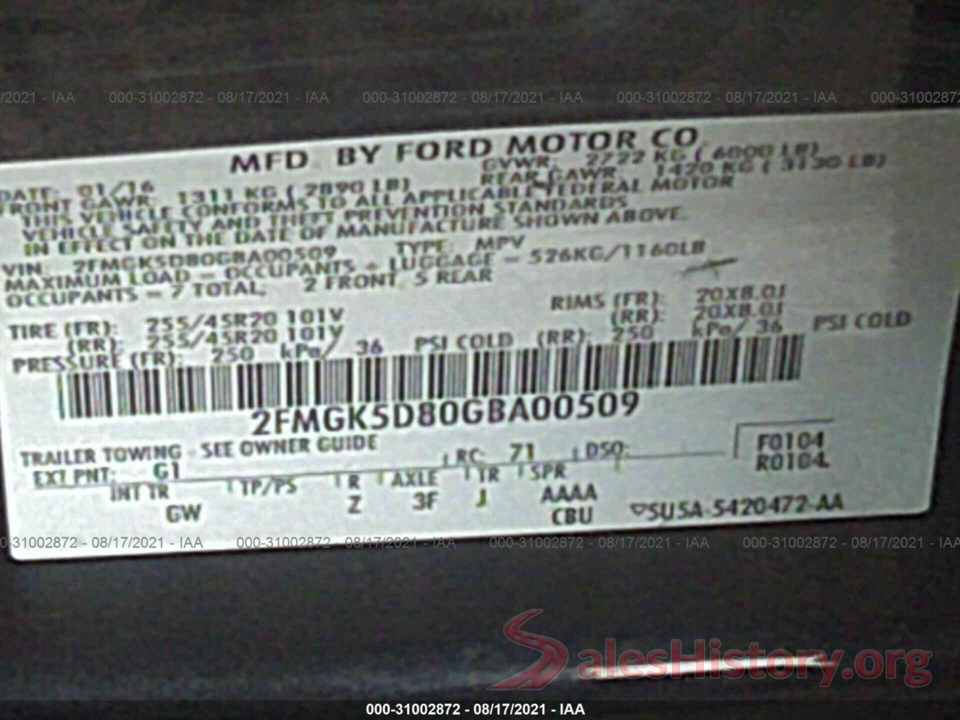 2FMGK5D80GBA00509 2016 FORD FLEX