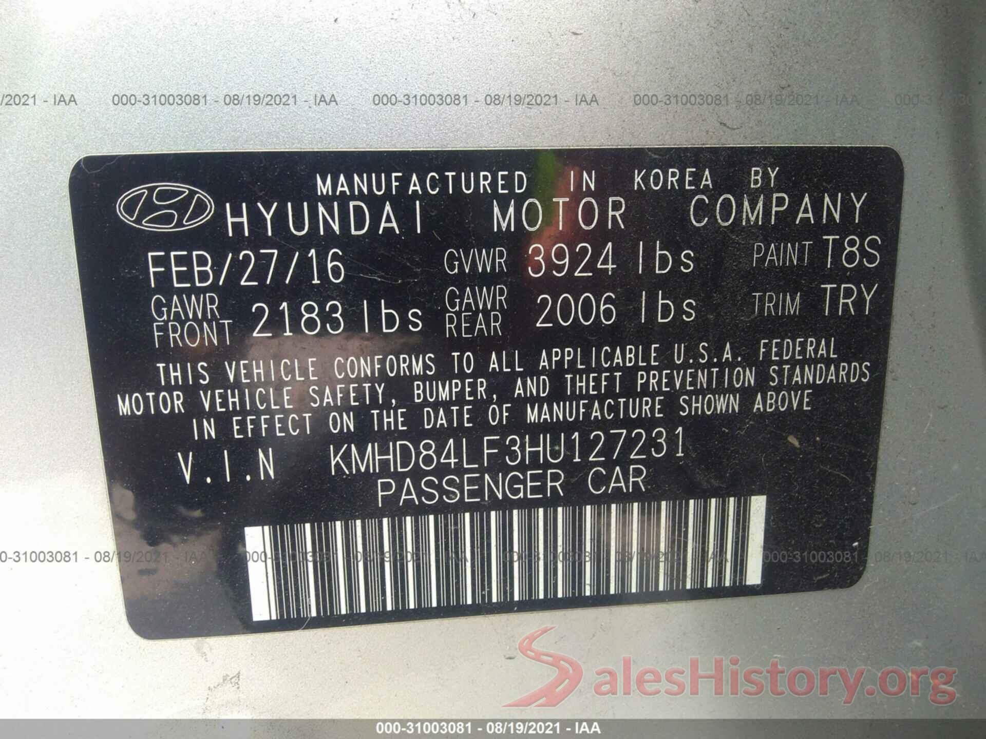 KMHD84LF3HU127231 2017 HYUNDAI ELANTRA