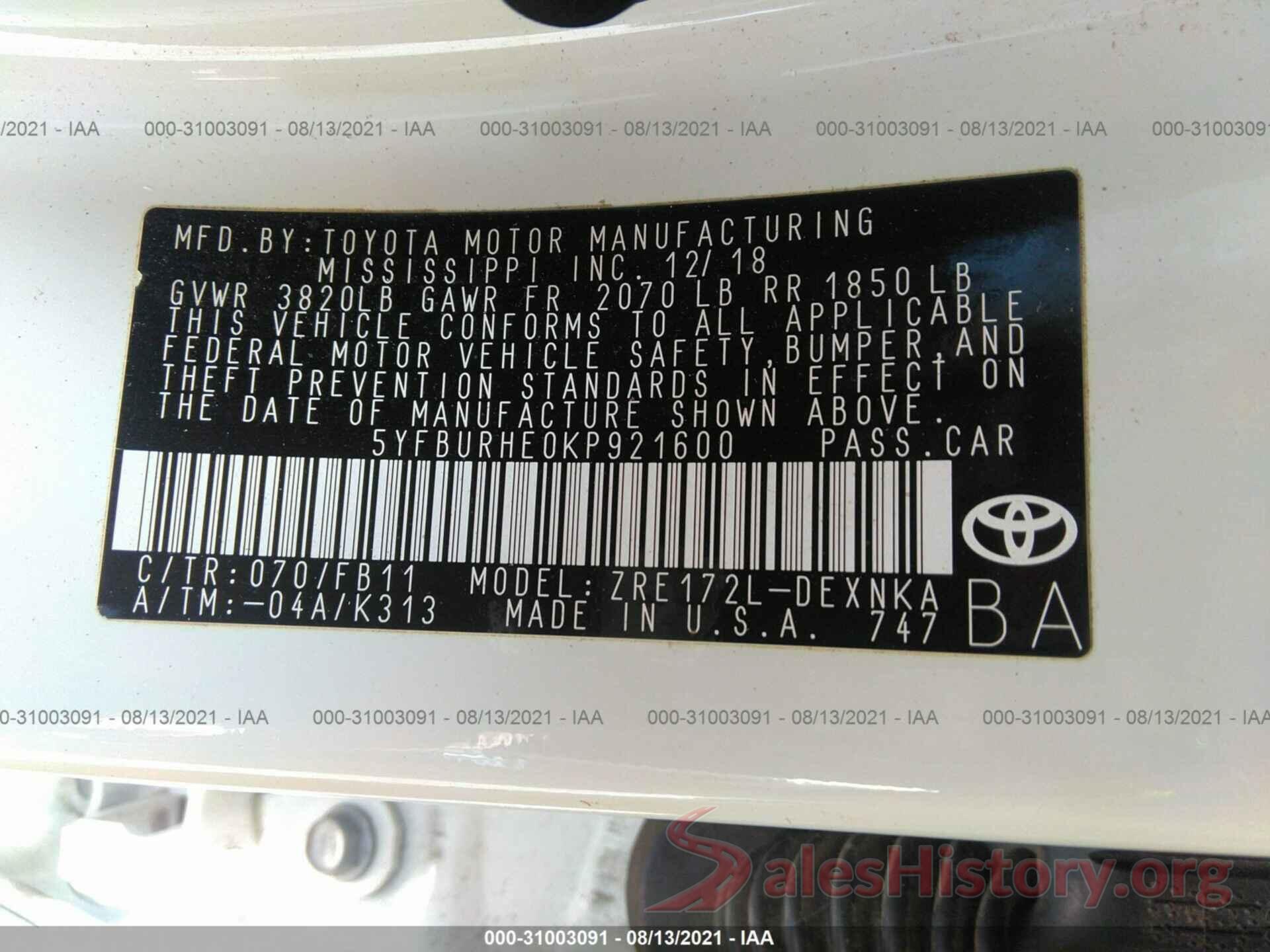 5YFBURHE0KP921600 2019 TOYOTA COROLLA