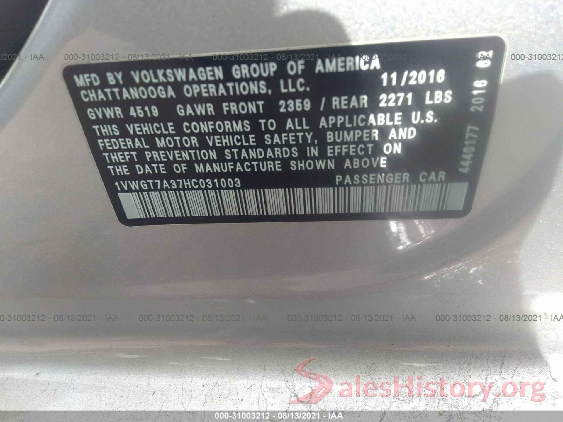 1VWGT7A37HC031003 2017 VOLKSWAGEN PASSAT