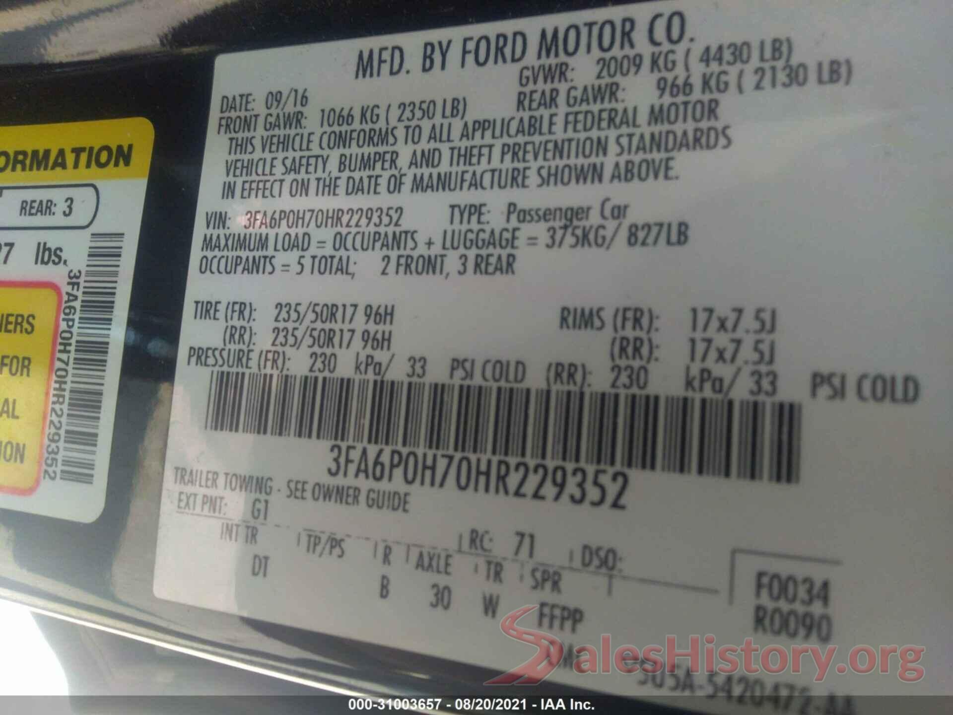 3FA6P0H70HR229352 2017 FORD FUSION