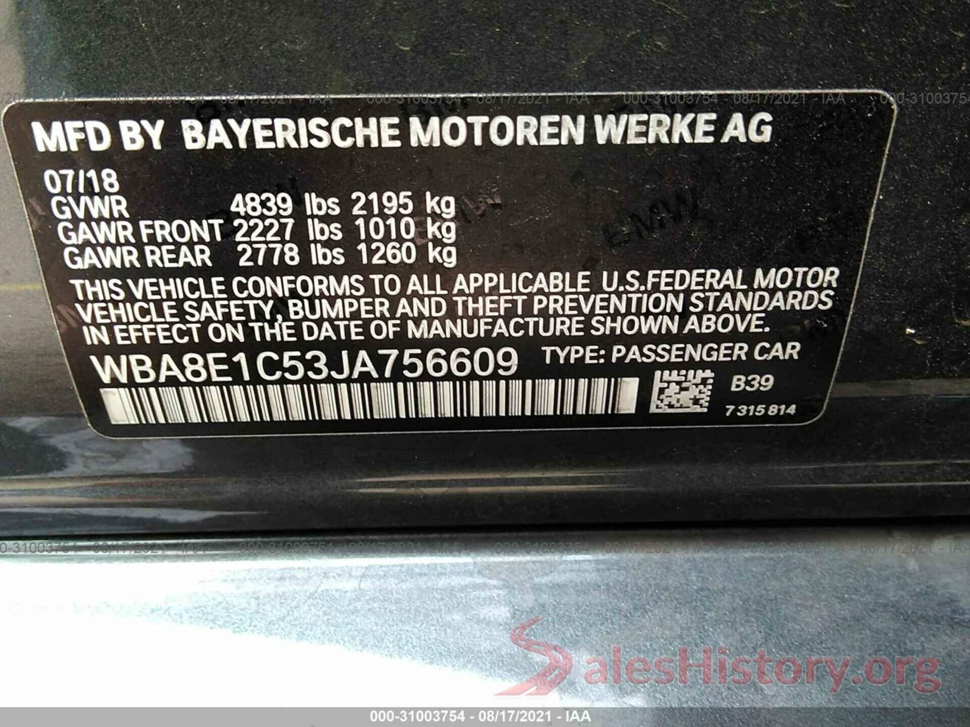 WBA8E1C53JA756609 2018 BMW 3 SERIES