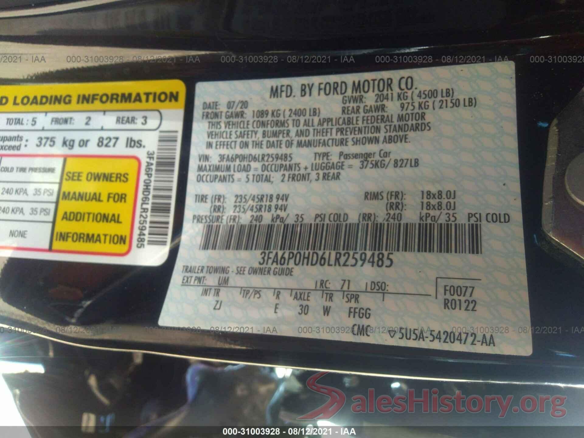 3FA6P0HD6LR259485 2020 FORD FUSION