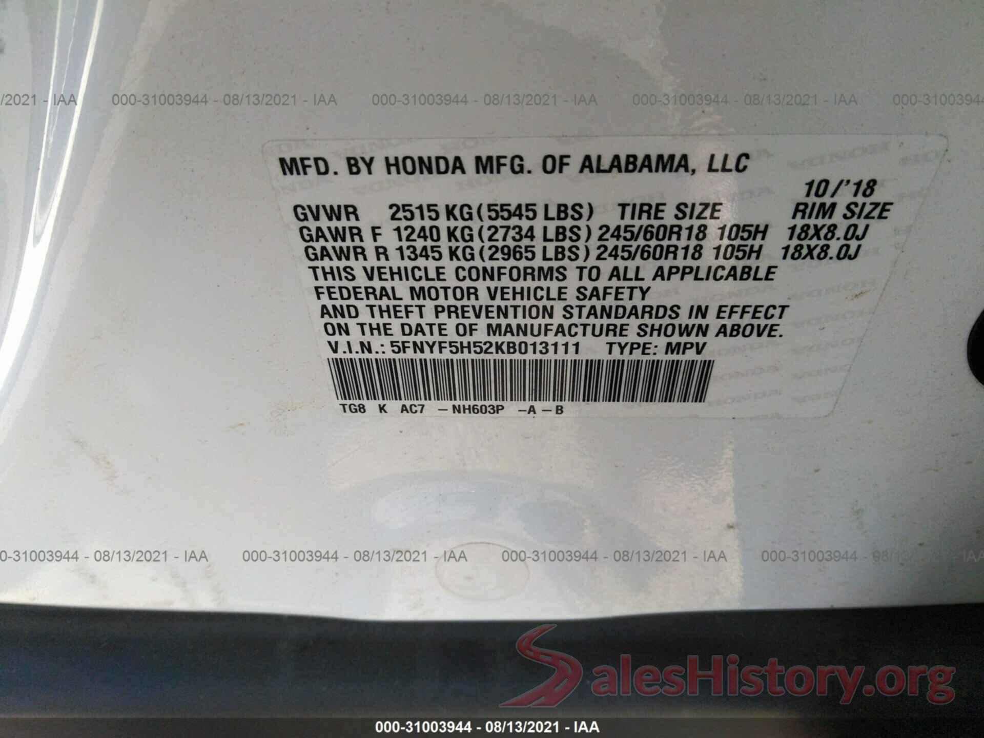 5FNYF5H52KB013111 2019 HONDA PILOT