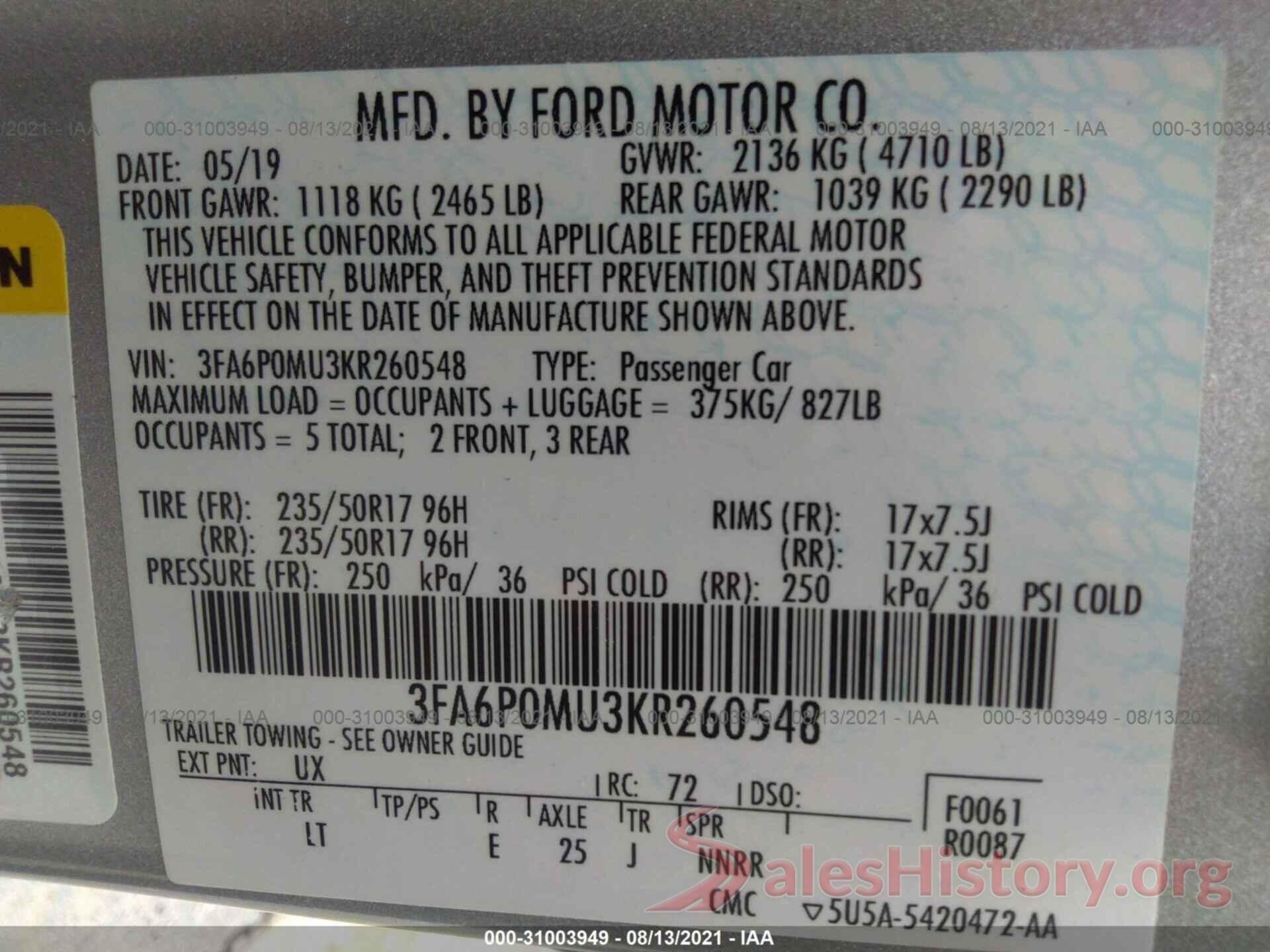 3FA6P0MU3KR260548 2019 FORD FUSION HYBRID