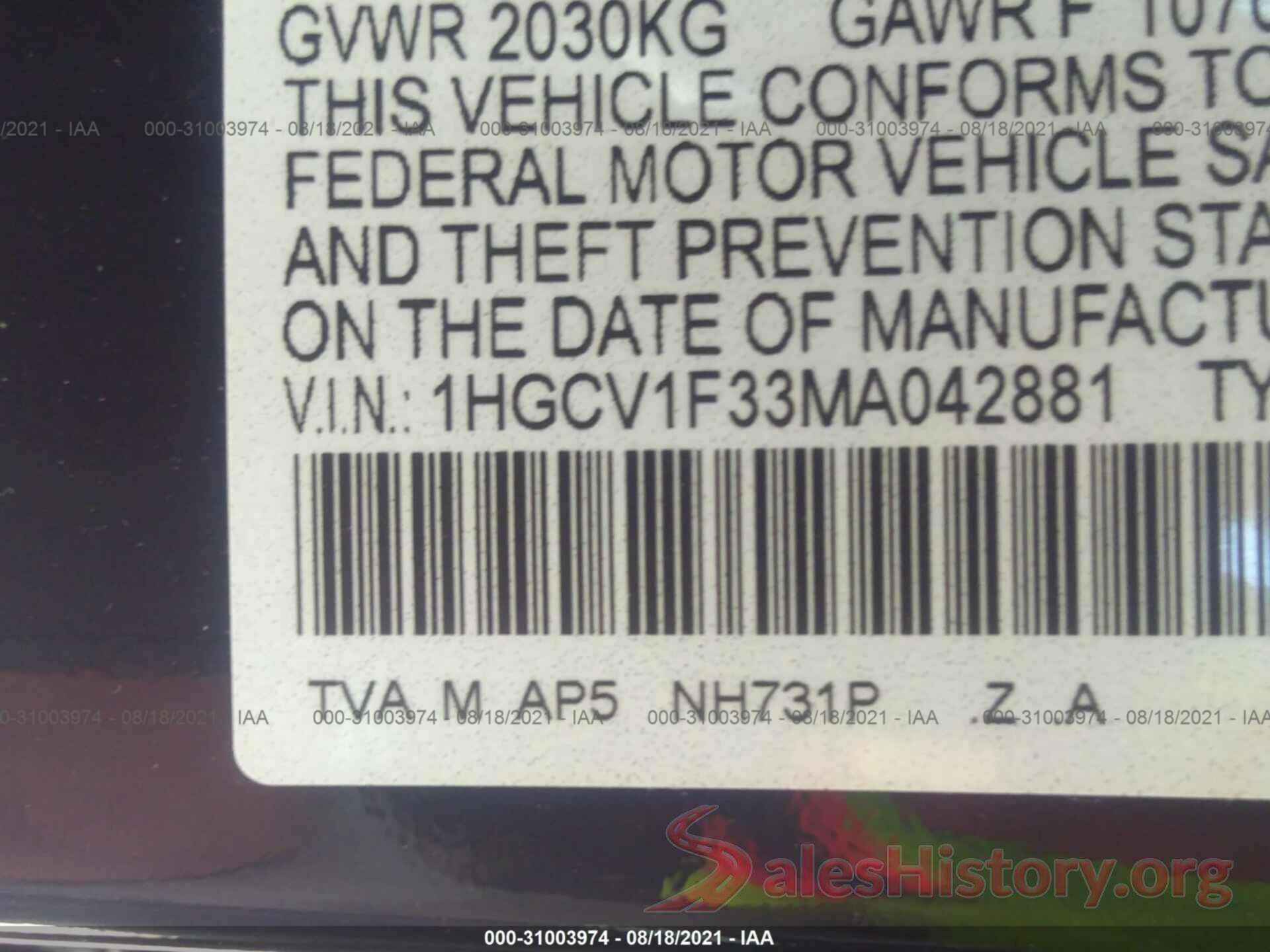 1HGCV1F33MA042881 2021 HONDA ACCORD SEDAN