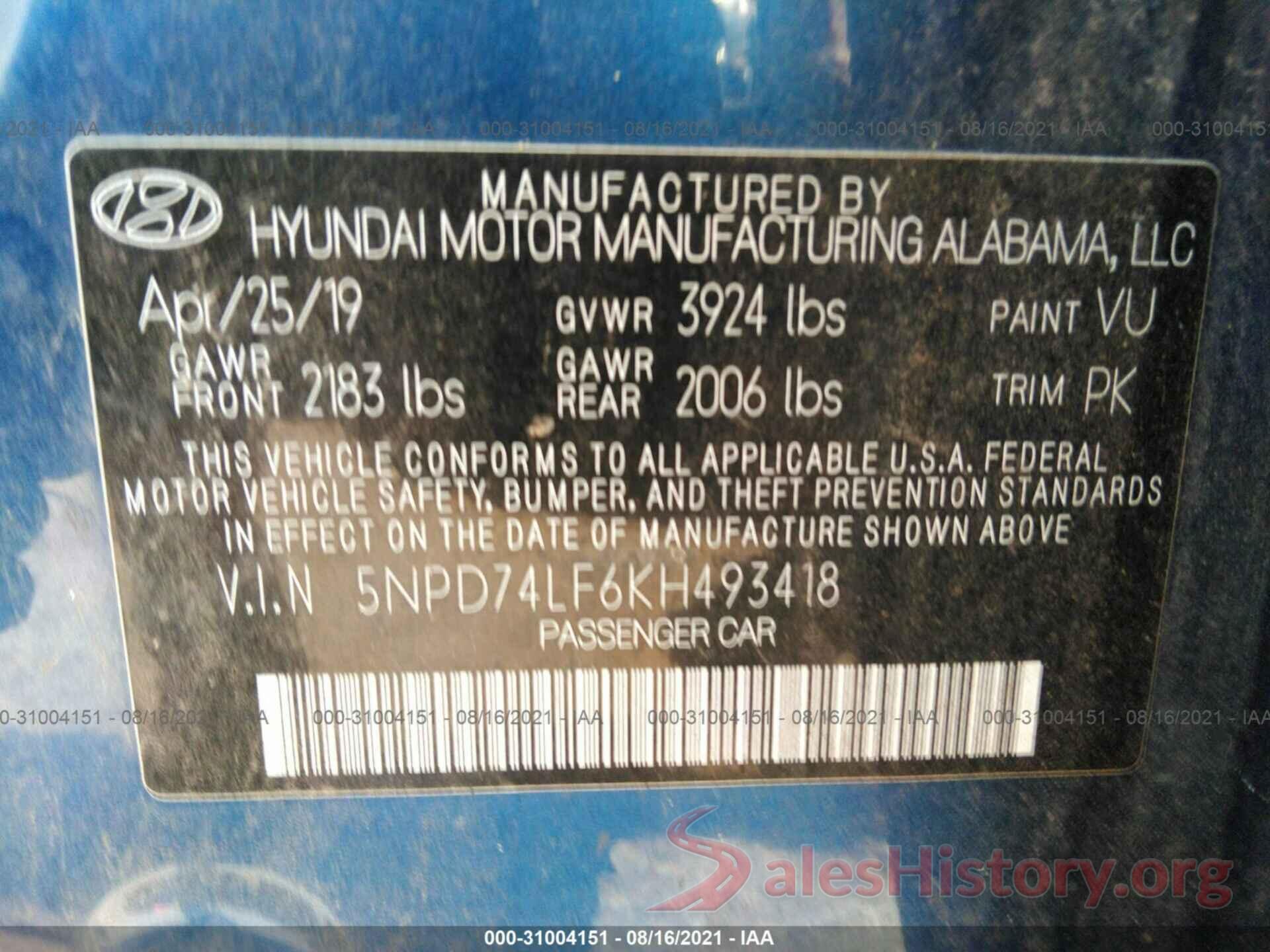 5NPD74LF6KH493418 2019 HYUNDAI ELANTRA