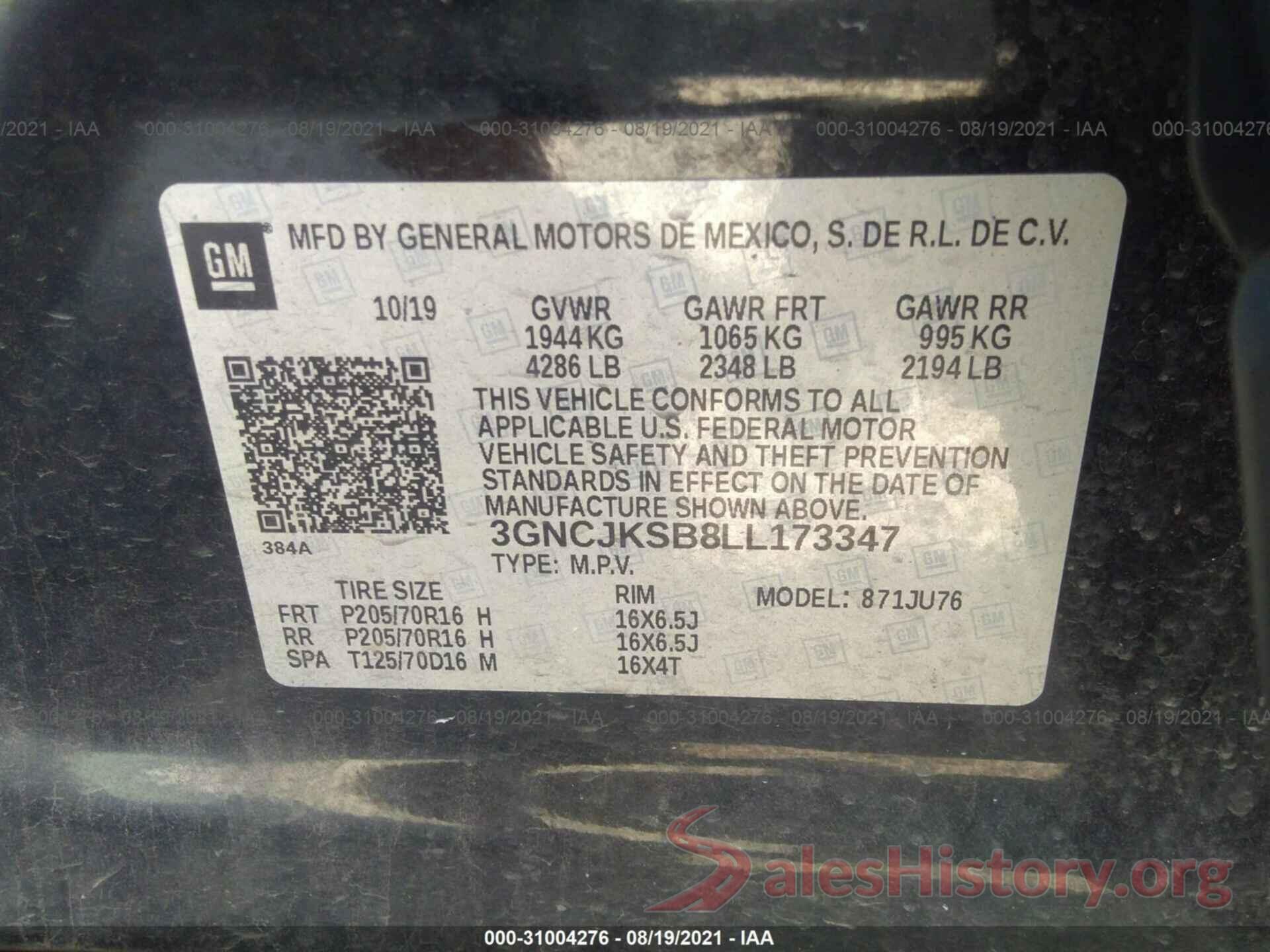 3GNCJKSB8LL173347 2020 CHEVROLET TRAX