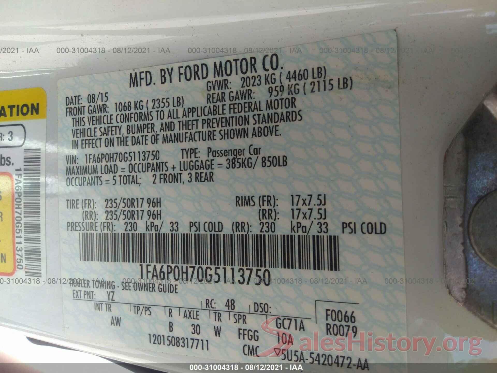 1FA6P0H70G5113750 2016 FORD FUSION