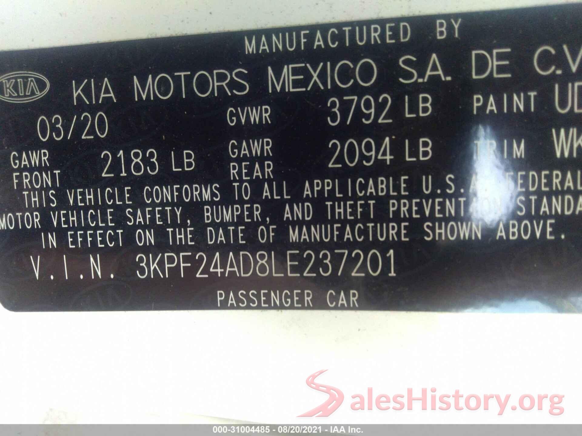 3KPF24AD8LE237201 2020 KIA FORTE