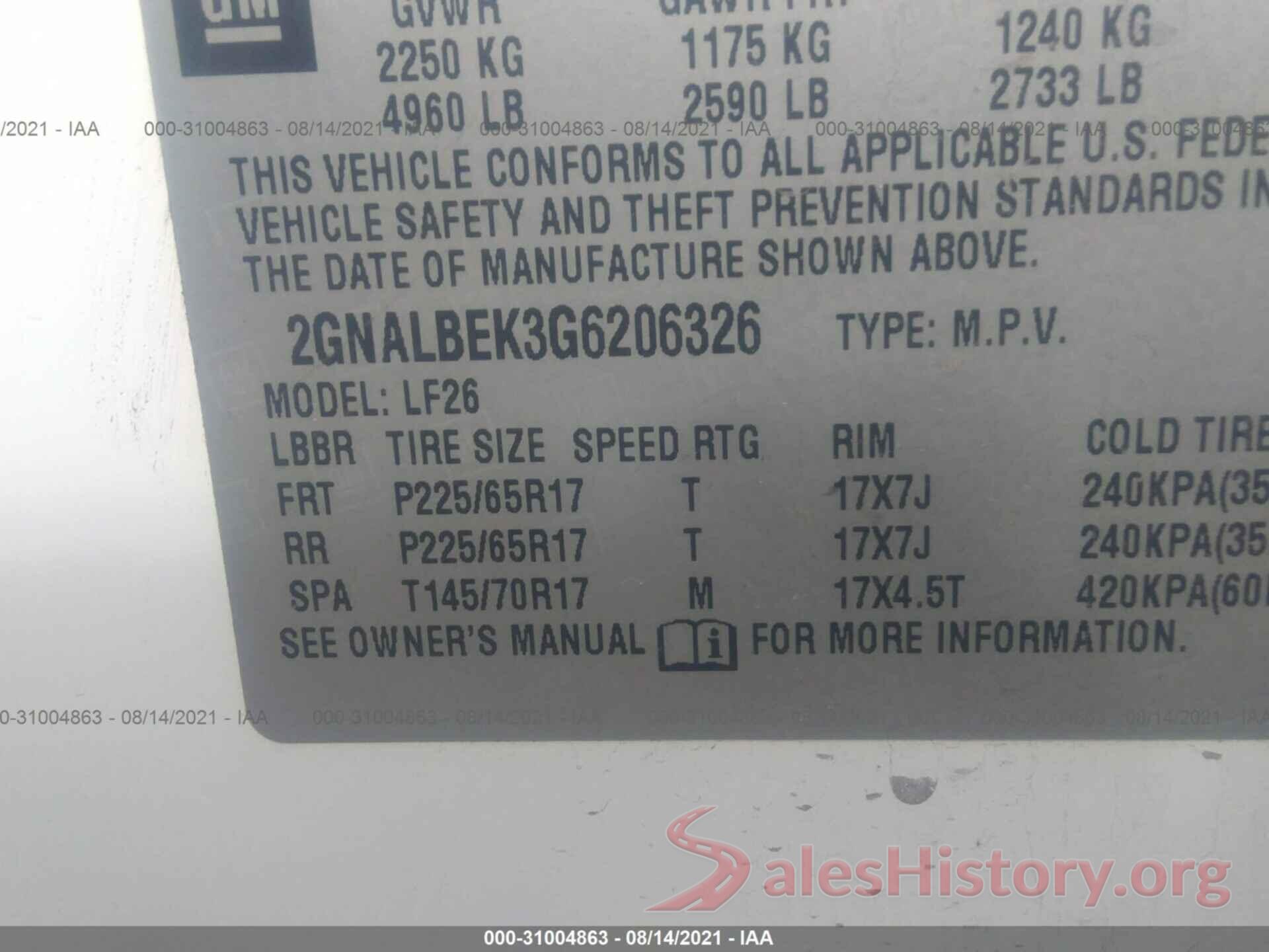 2GNALBEK3G6206326 2016 CHEVROLET EQUINOX