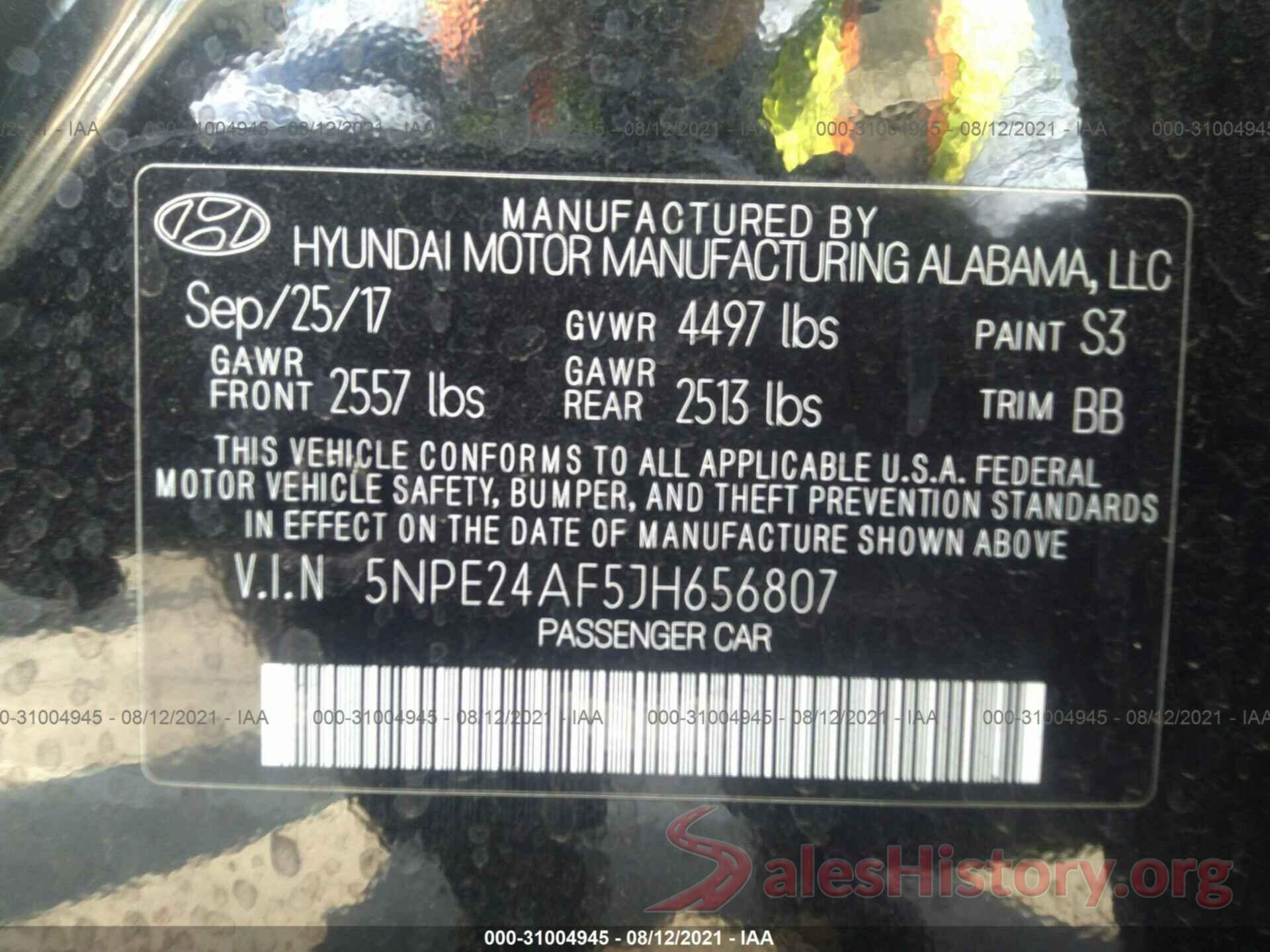 5NPE24AF5JH656807 2018 HYUNDAI SONATA