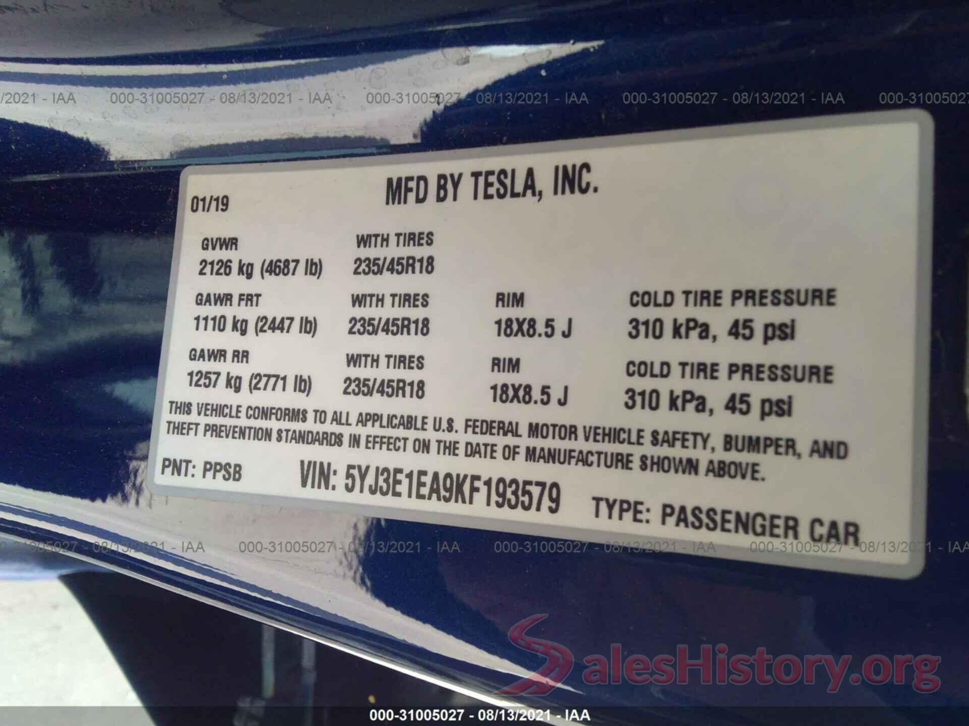 5YJ3E1EA9KF193579 2019 TESLA MODEL 3