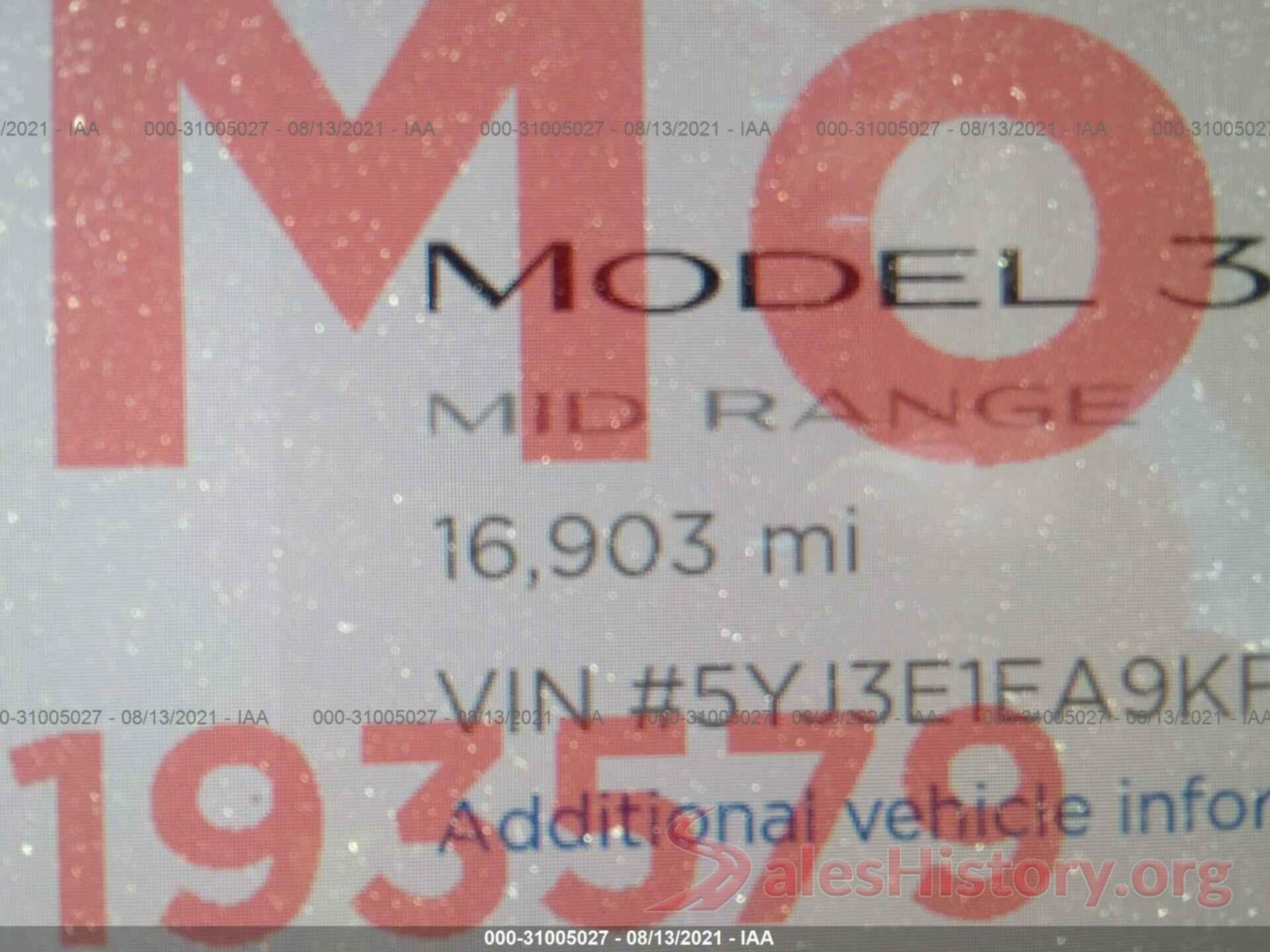 5YJ3E1EA9KF193579 2019 TESLA MODEL 3