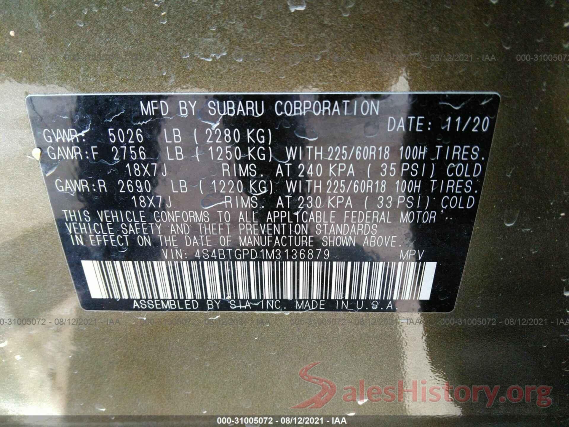 4S4BTGPD1M3136879 2021 SUBARU OUTBACK