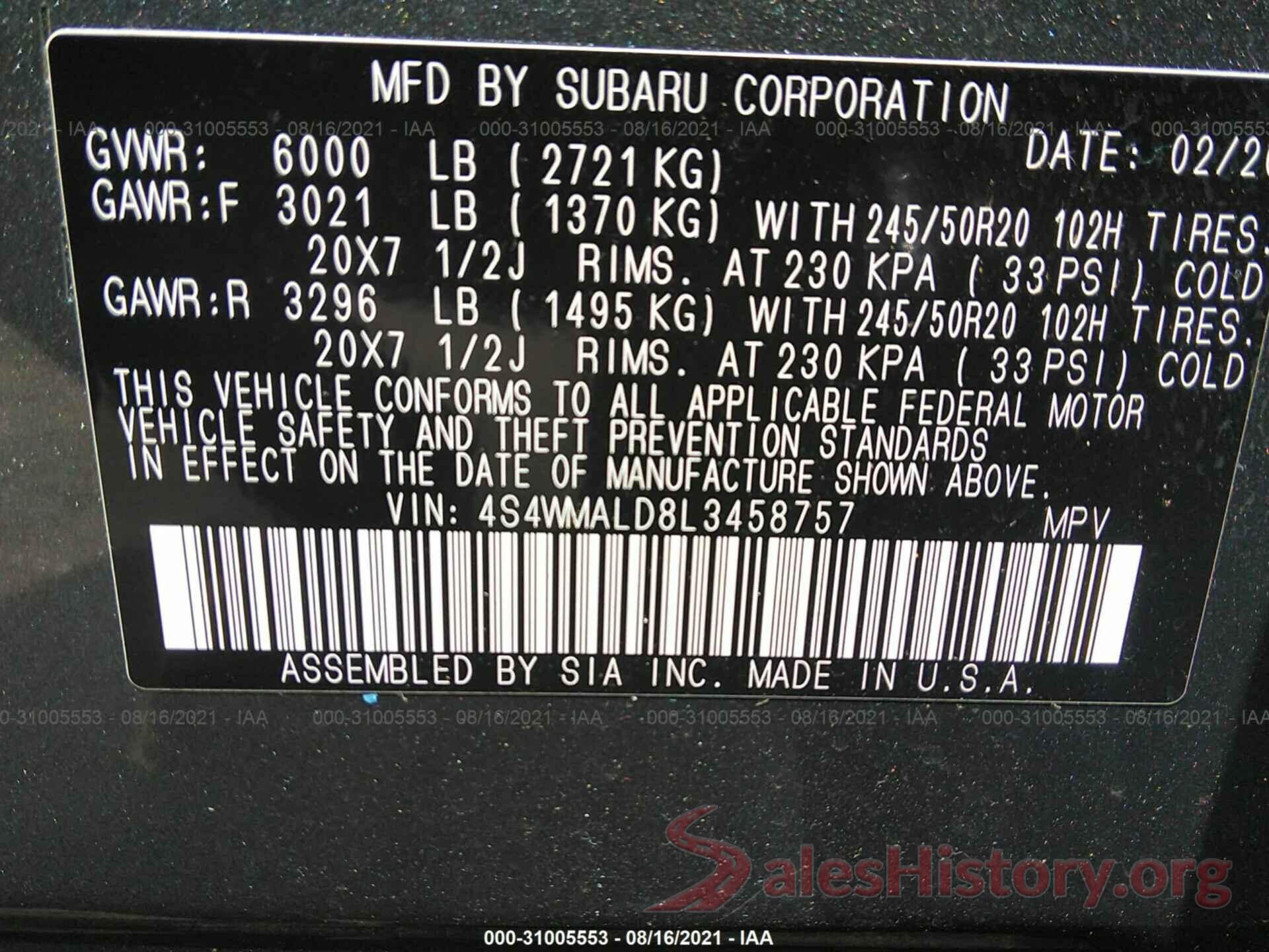 4S4WMALD8L3458757 2020 SUBARU ASCENT