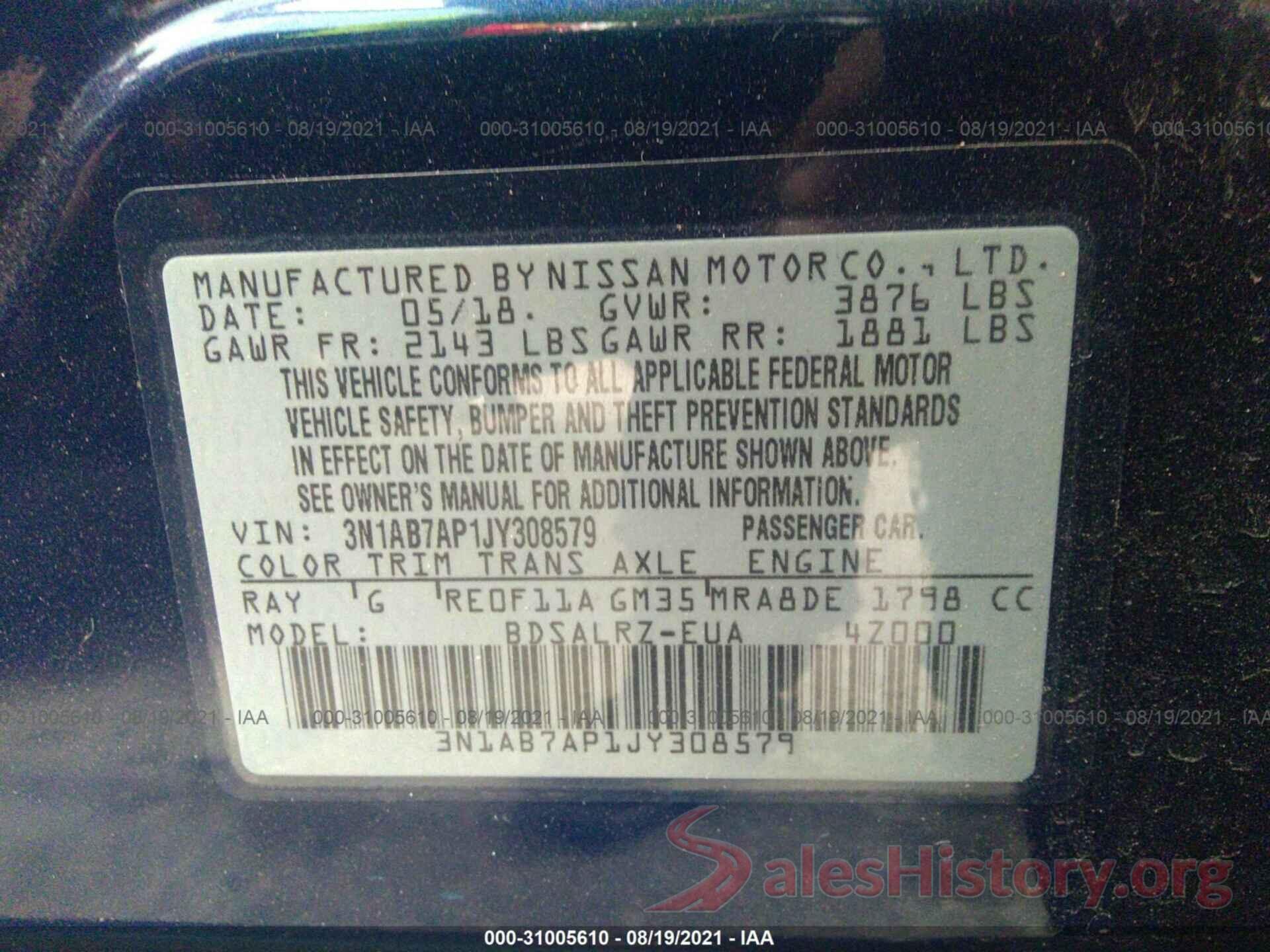 3N1AB7AP1JY308579 2018 NISSAN SENTRA