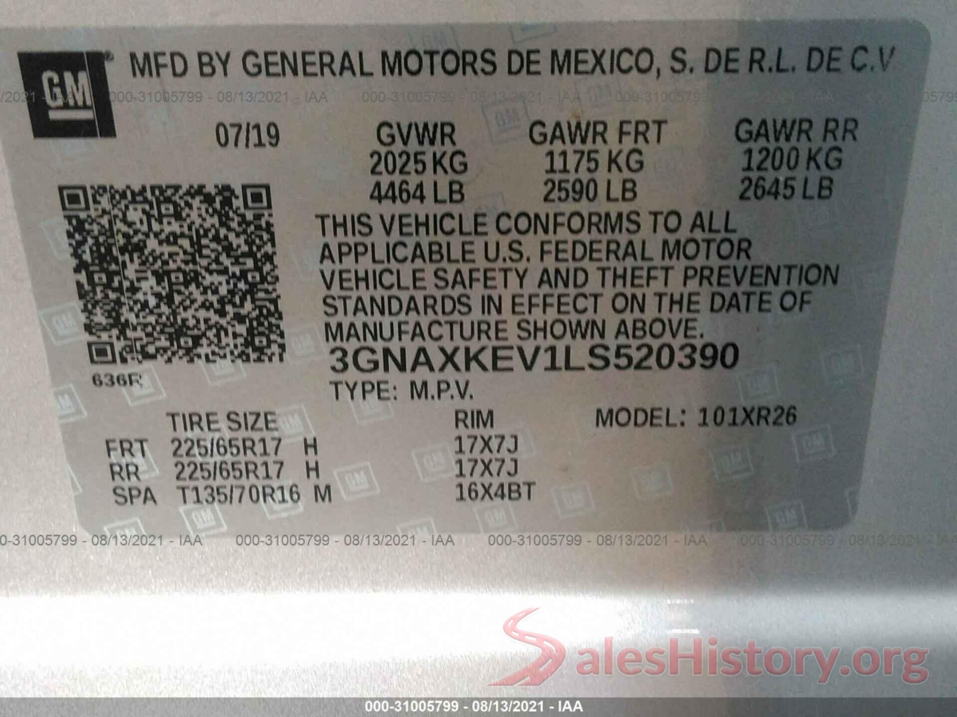 3GNAXKEV1LS520390 2020 CHEVROLET EQUINOX