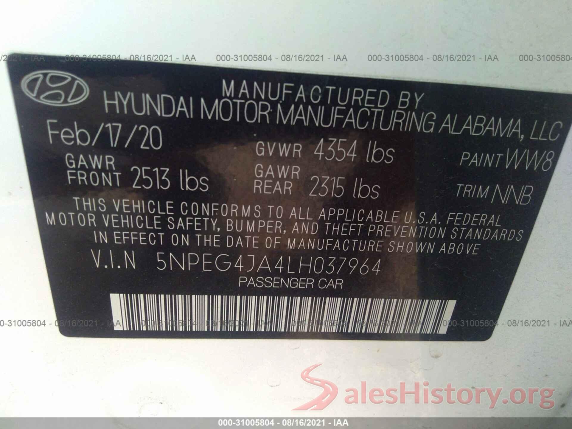 5NPEG4JA4LH037964 2020 HYUNDAI SONATA