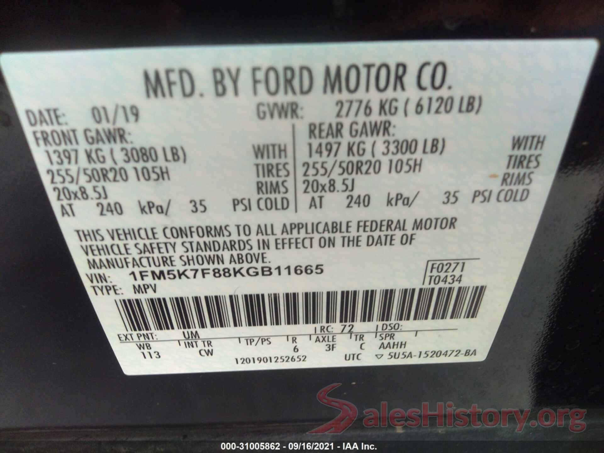 1FM5K7F88KGB11665 2019 FORD EXPLORER