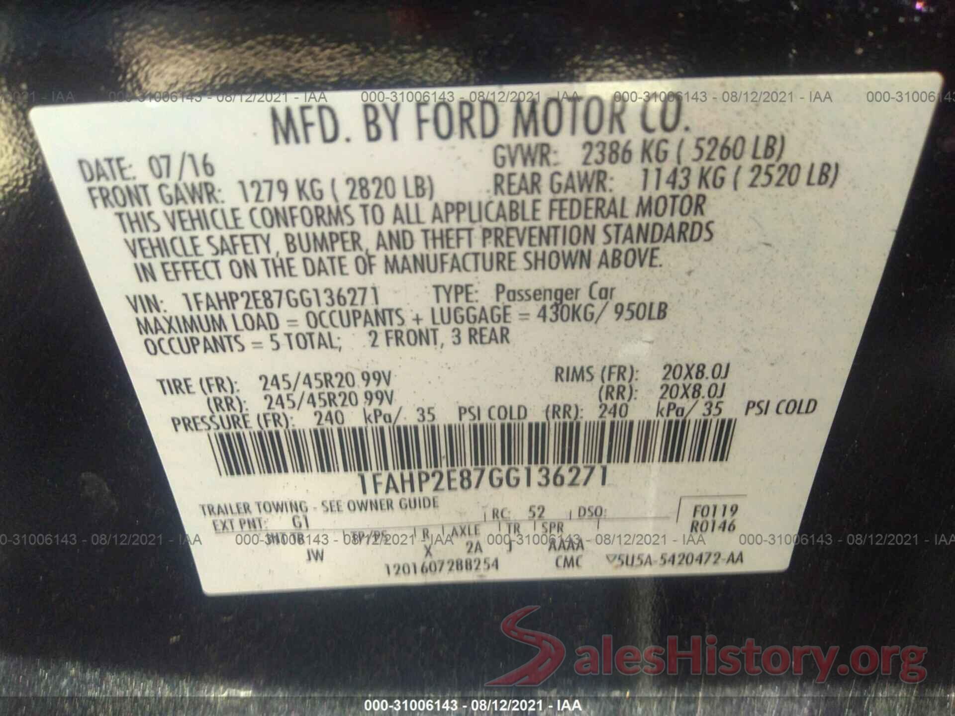 1FAHP2E87GG136271 2016 FORD TAURUS