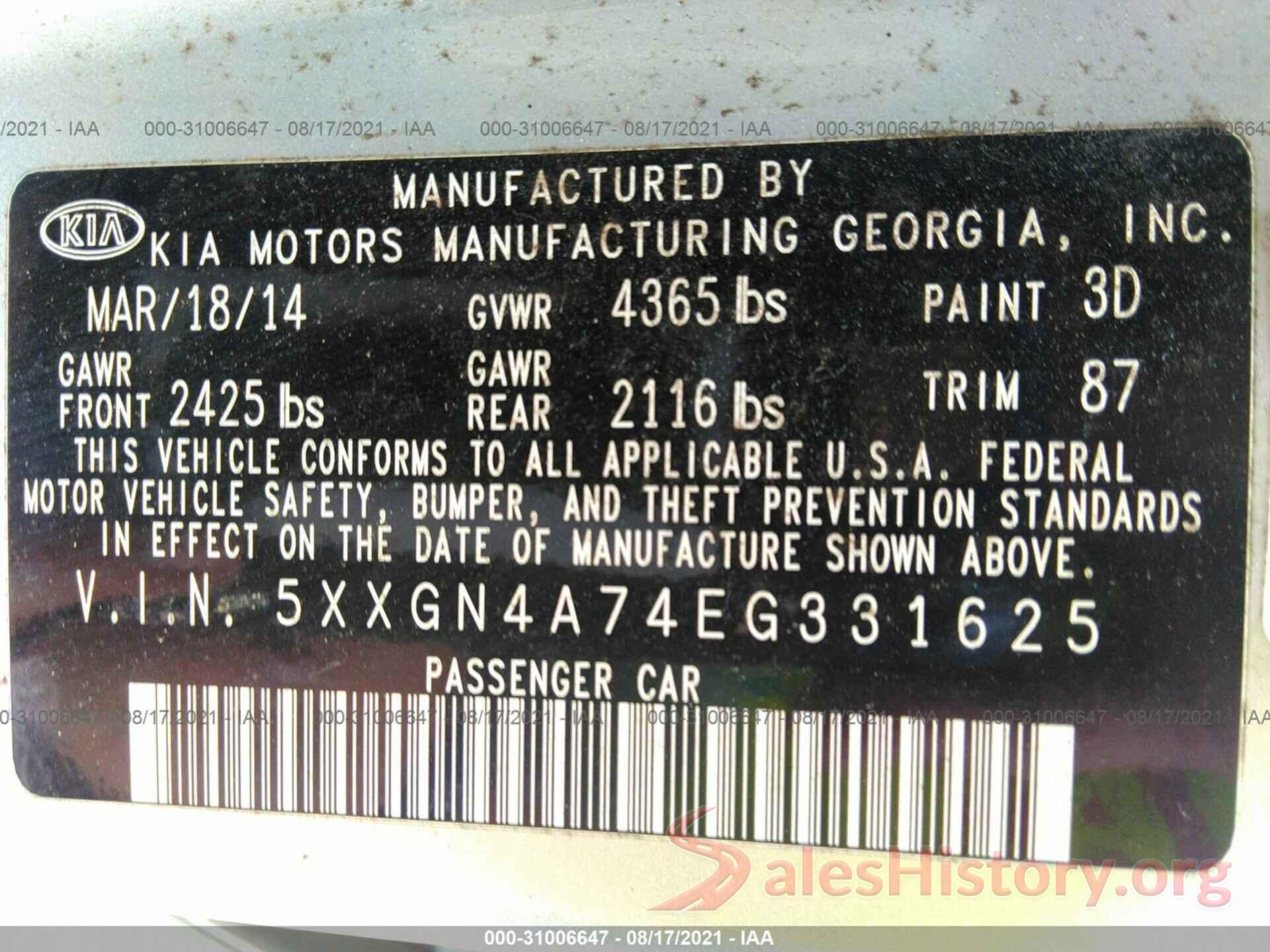 5XXGN4A74EG331625 2014 KIA OPTIMA